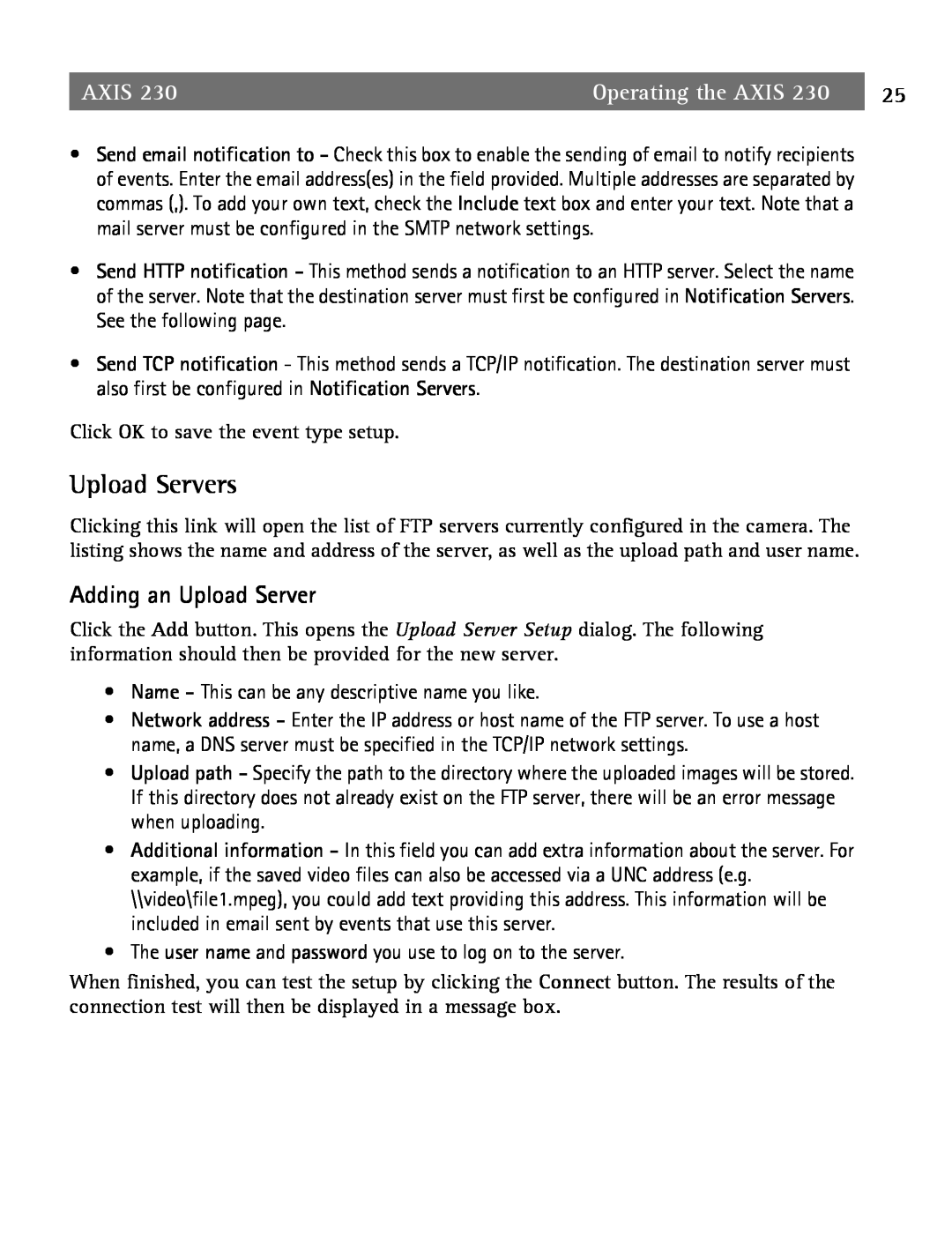 Axis Communications 2 user manual Upload Servers, Adding an Upload Server, Axis, Operating the AXIS 