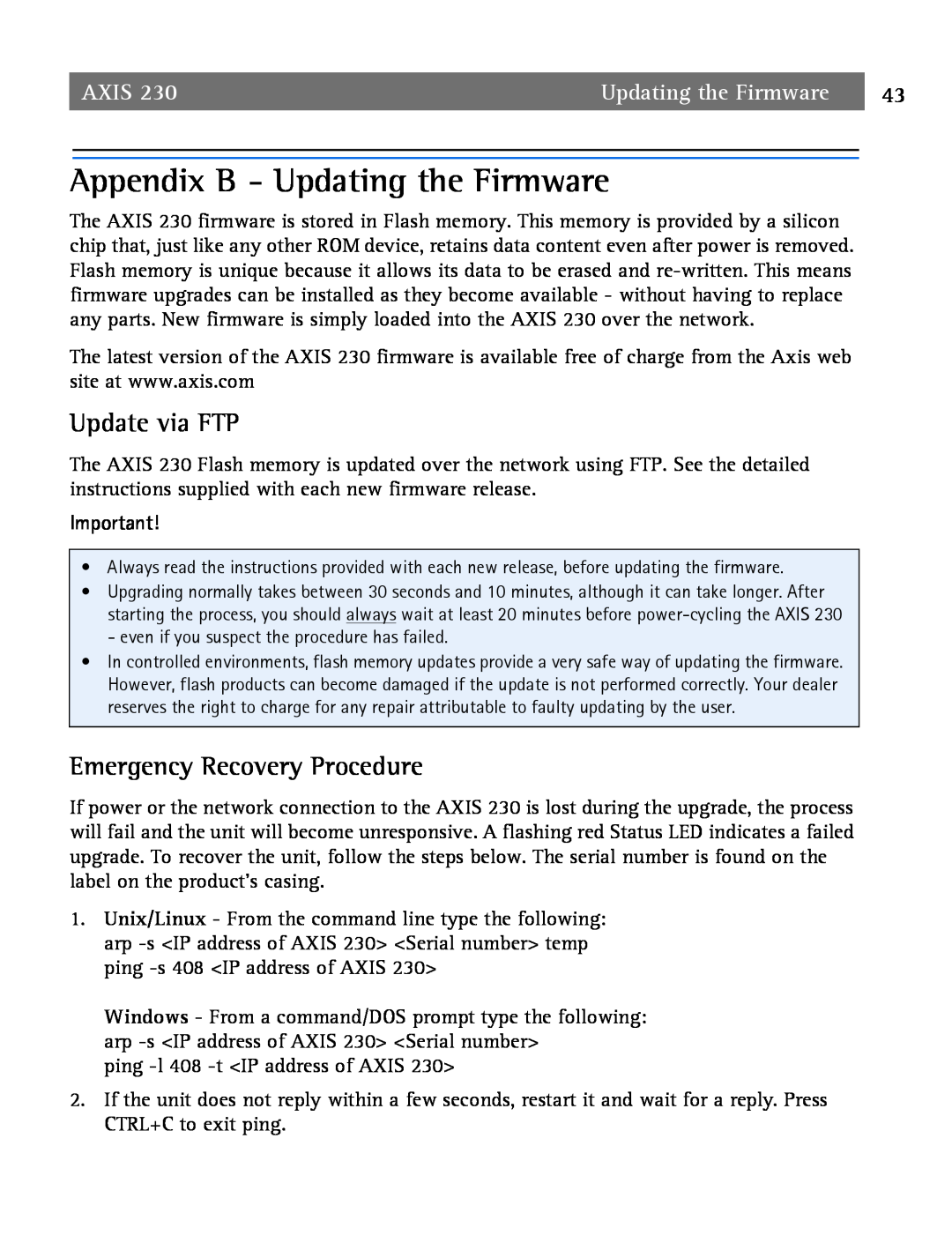 Axis Communications 2 user manual Appendix B - Updating the Firmware, Update via FTP, Emergency Recovery Procedure, Axis 