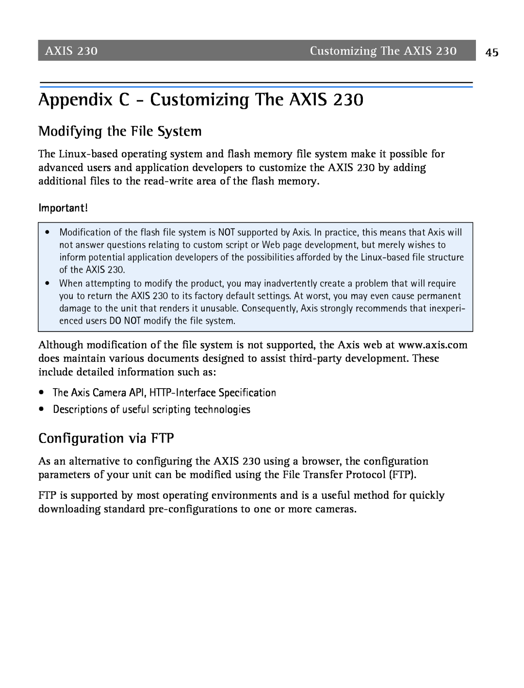Axis Communications 2 user manual Appendix C - Customizing The AXIS, Modifying the File System, Configuration via FTP, Axis 