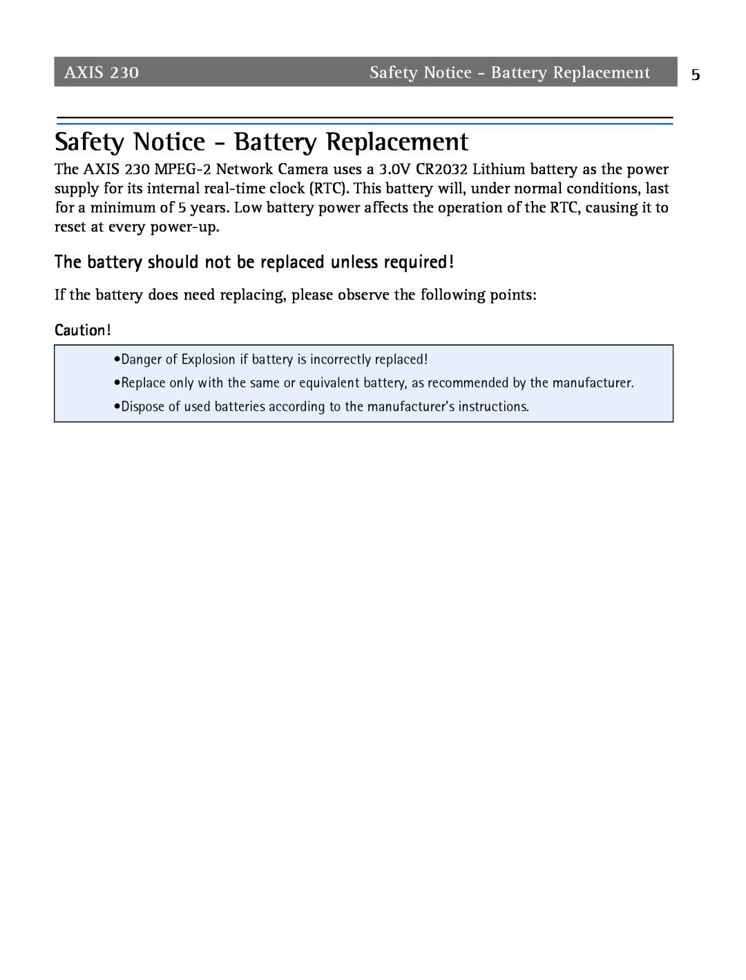 Axis Communications 2 user manual Safety Notice - Battery Replacement, Axis 