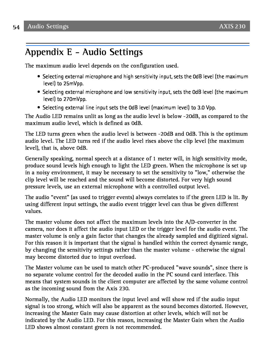Axis Communications 2 user manual Appendix E - Audio Settings, Axis 