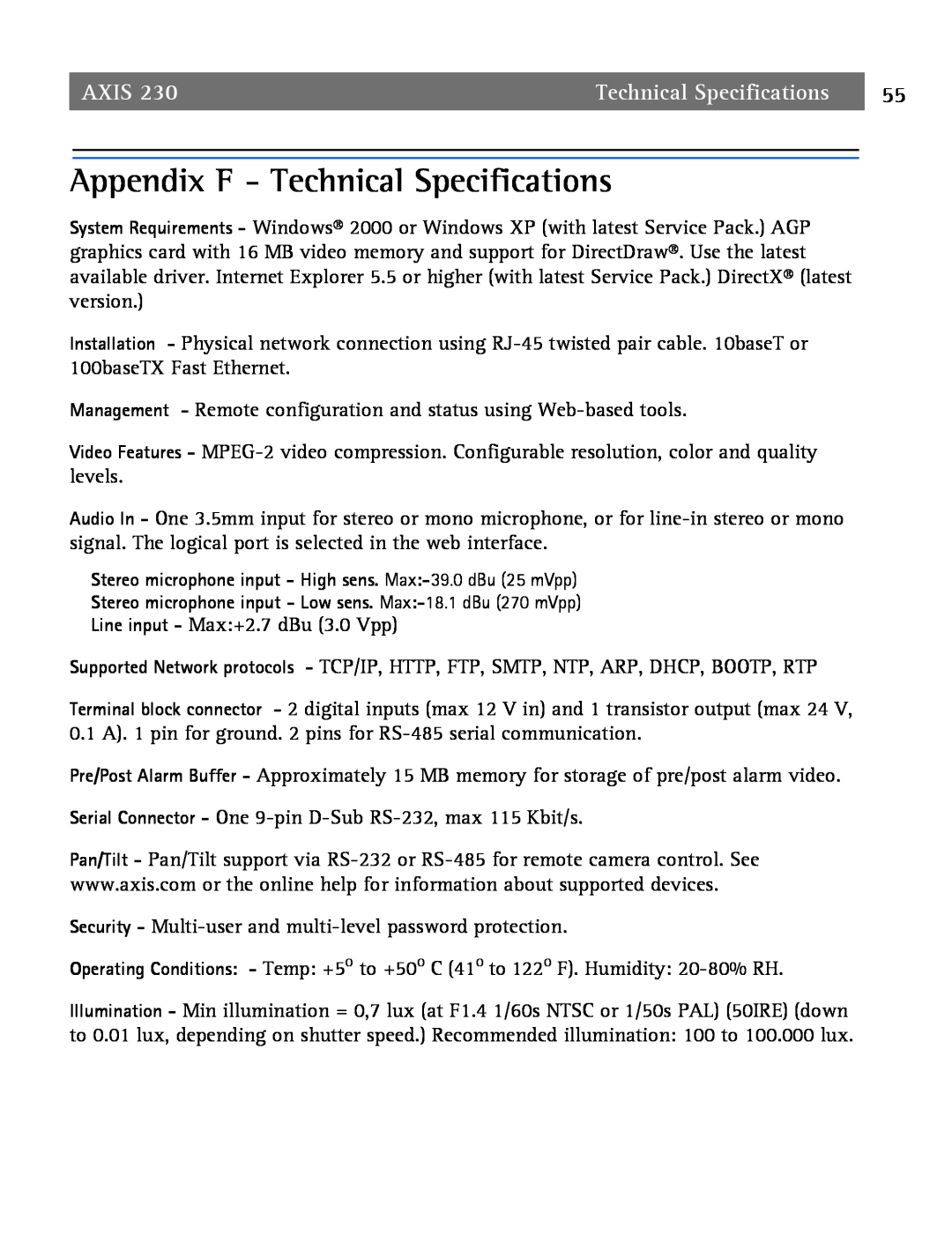 Axis Communications 2 user manual Appendix F - Technical Specifications, Axis 