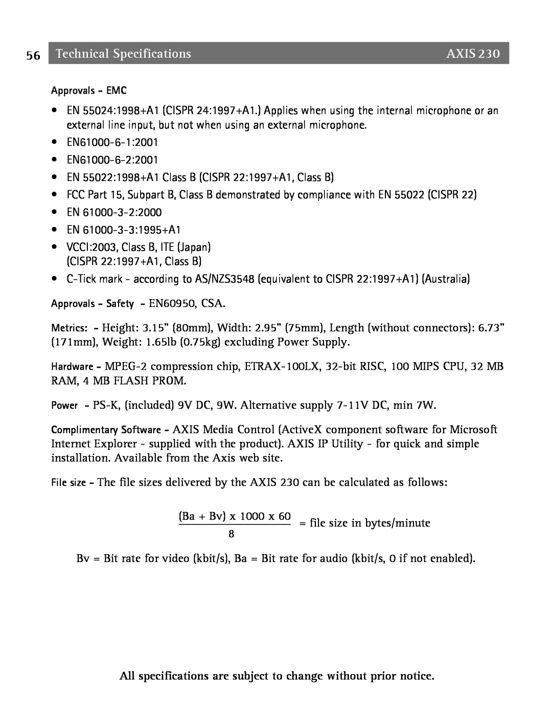 Axis Communications 2 user manual Technical Specifications, Axis 