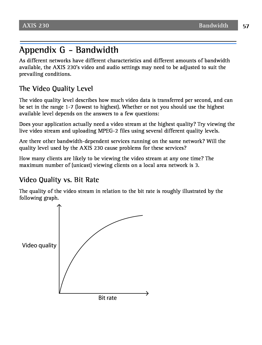 Axis Communications 2 user manual Appendix G - Bandwidth, The Video Quality Level, Video Quality vs. Bit Rate, Axis 