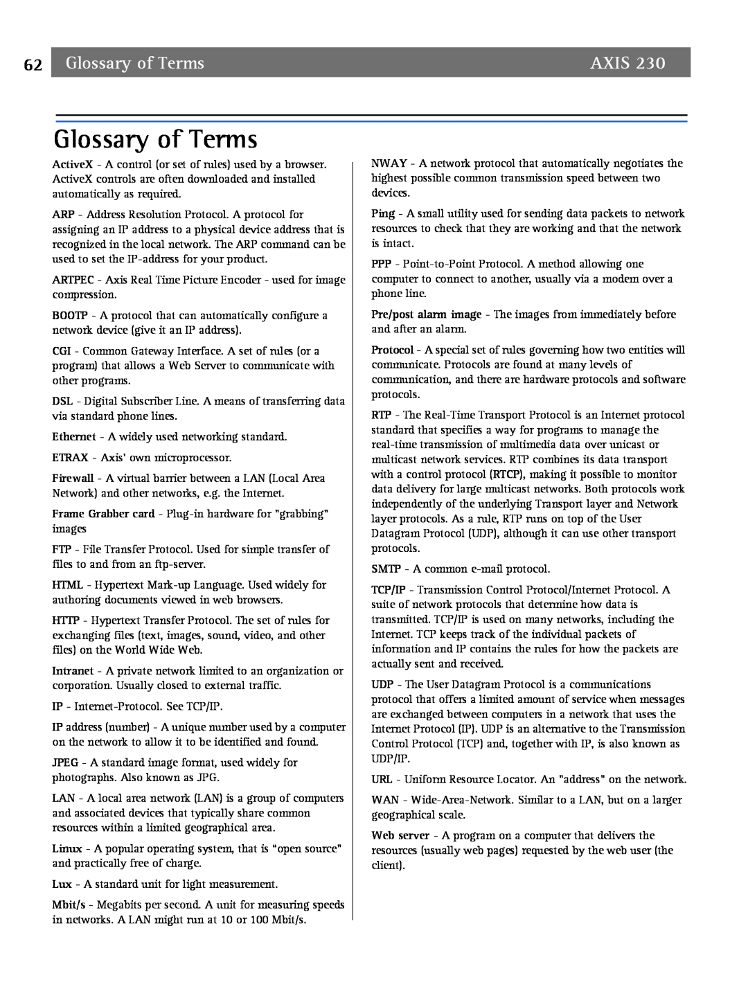 Axis Communications 2 user manual Glossary of Terms, Axis 