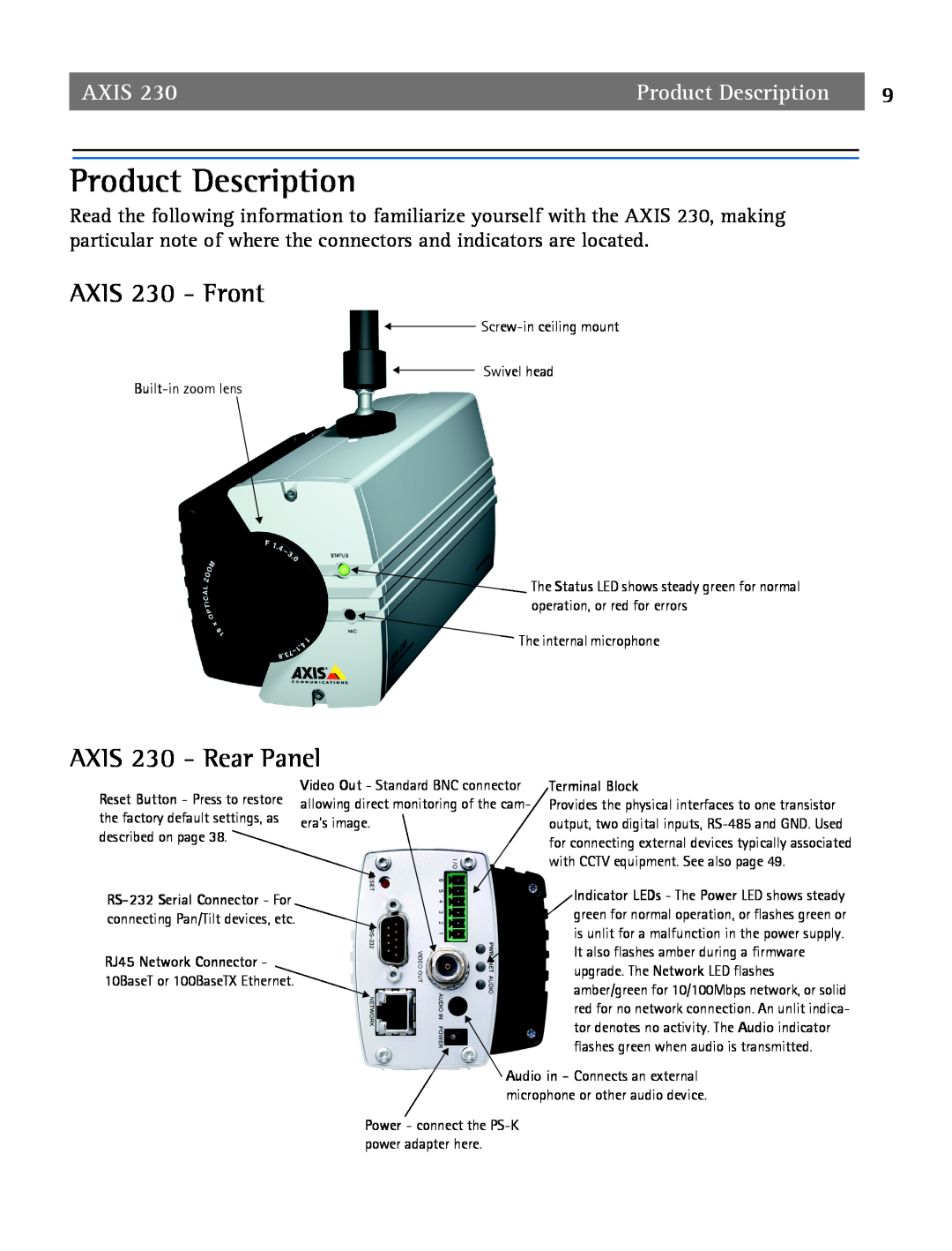 Axis Communications user manual Product Description, AXIS 230 - Front, AXIS 230 - Rear Panel, Axis 