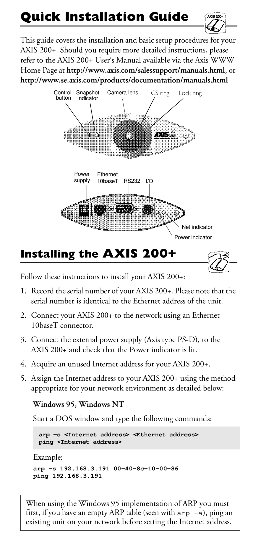 Axis Communications manual Quick Installation Guide, Installing the Axis 200+ 