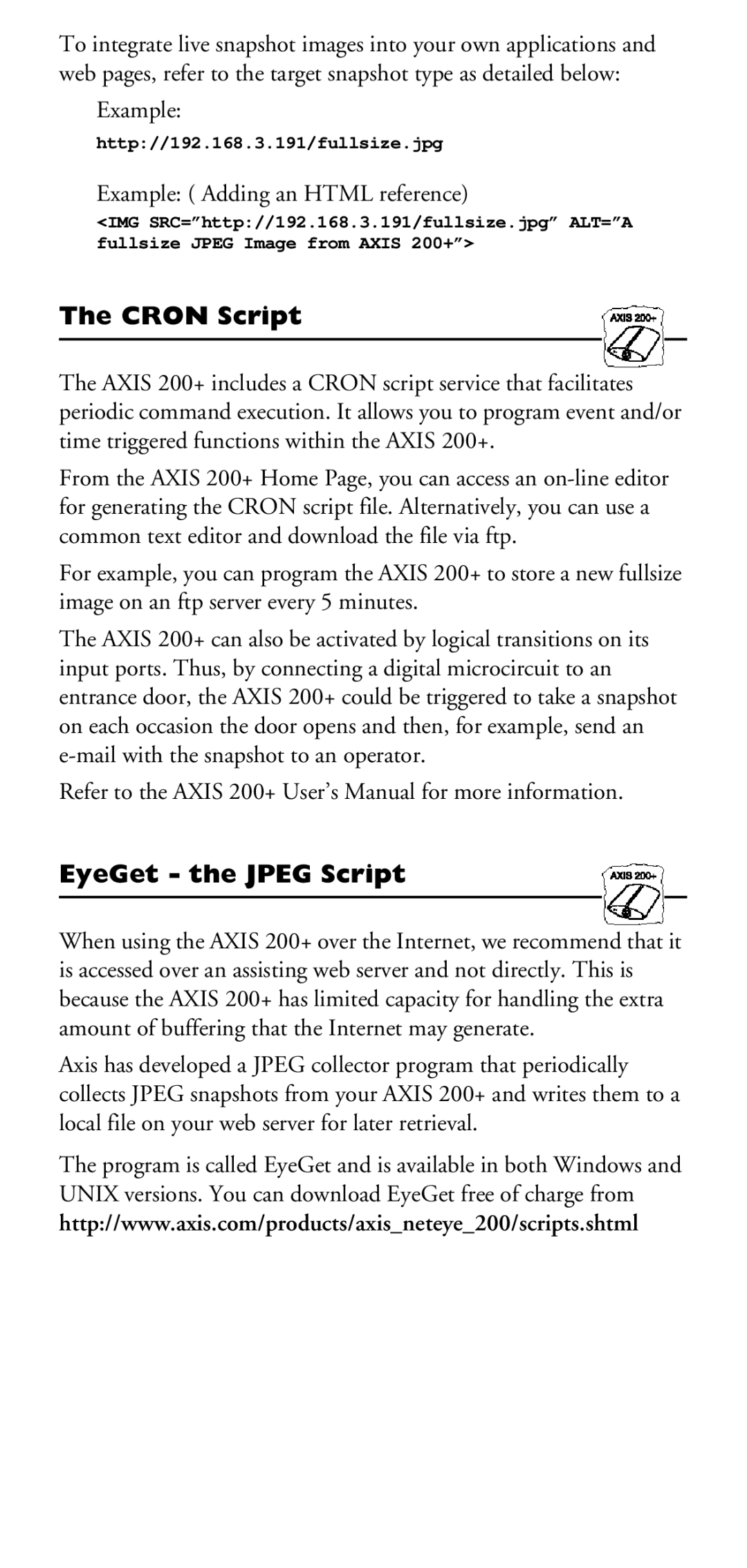 Axis Communications 200+ manual Cron Script, EyeGet the Jpeg Script 