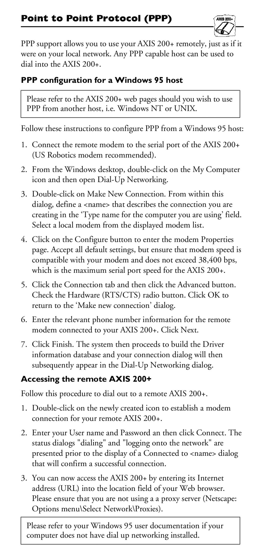 Axis Communications 200+ manual Point to Point Protocol PPP, PPP configuration for a Windows 95 host 