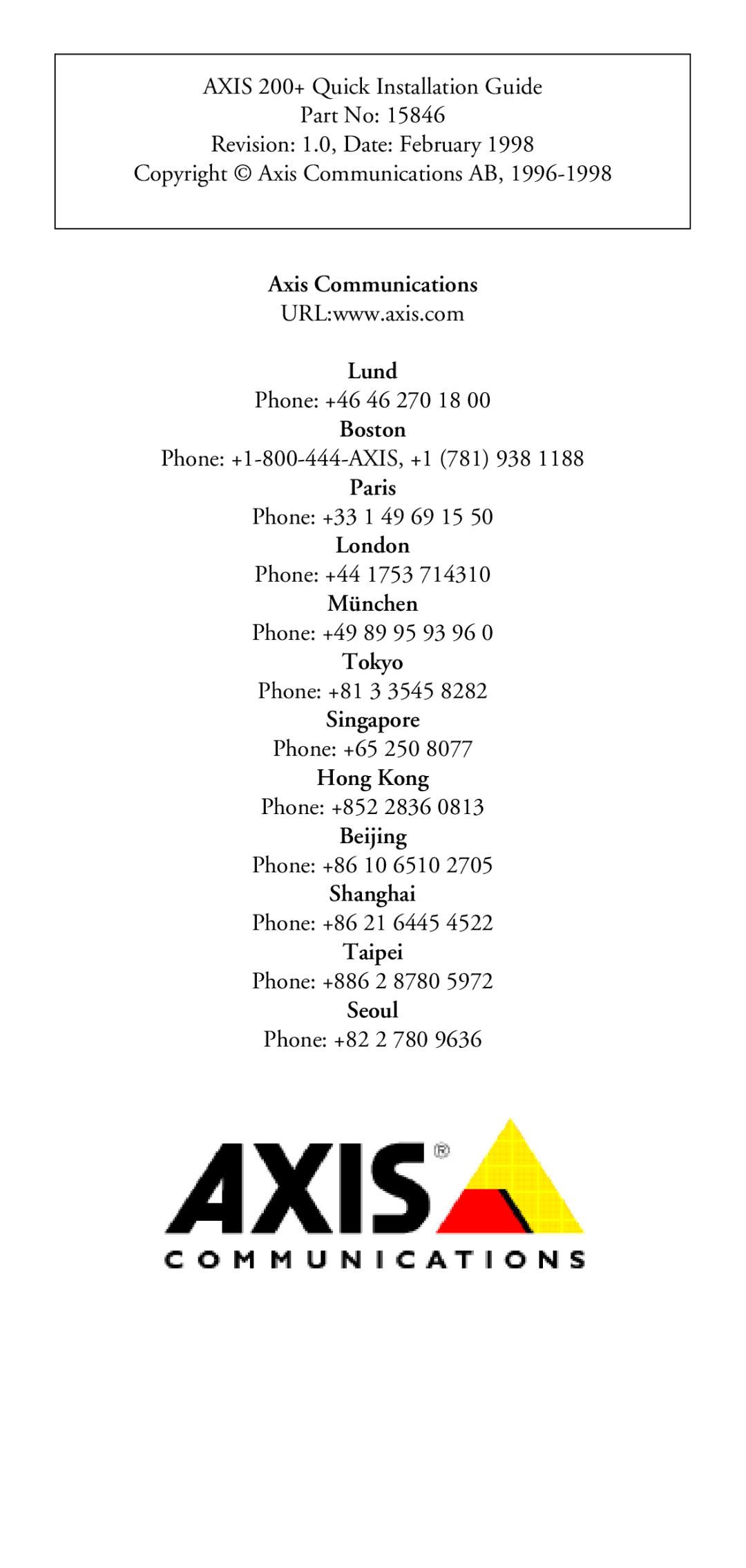 Axis Communications 200+ manual Axis Communications Lund 