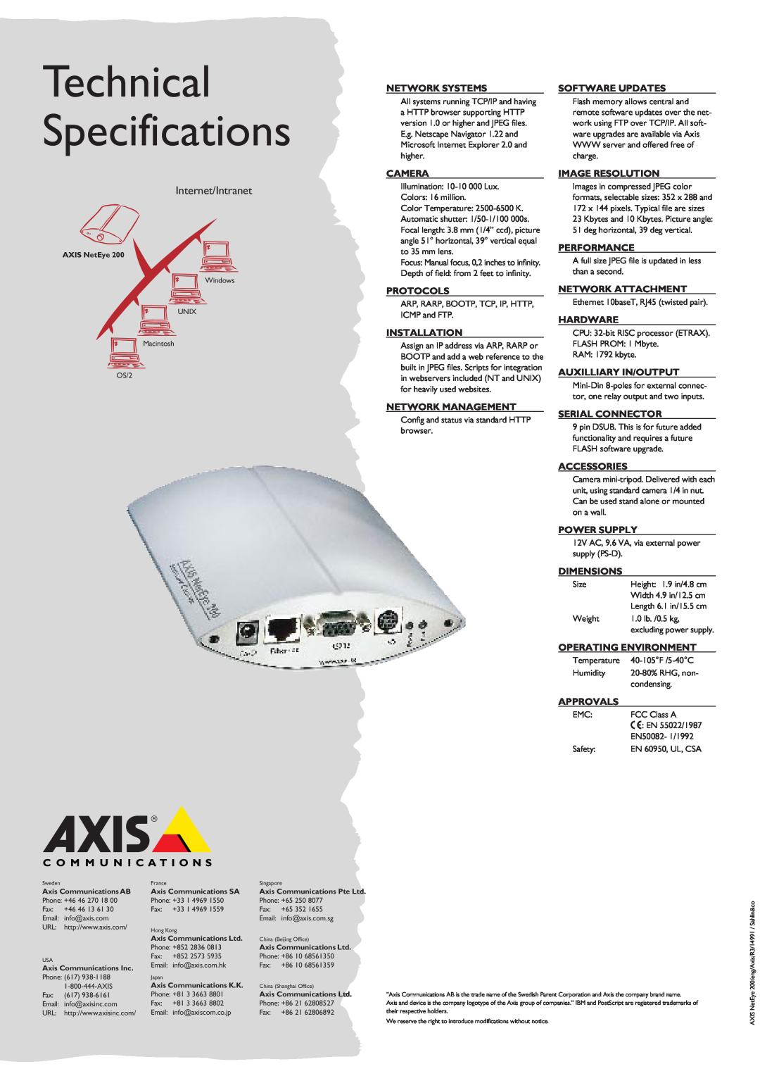 Axis Communications 200 manual Technical Specifications, Internet/Intranet 