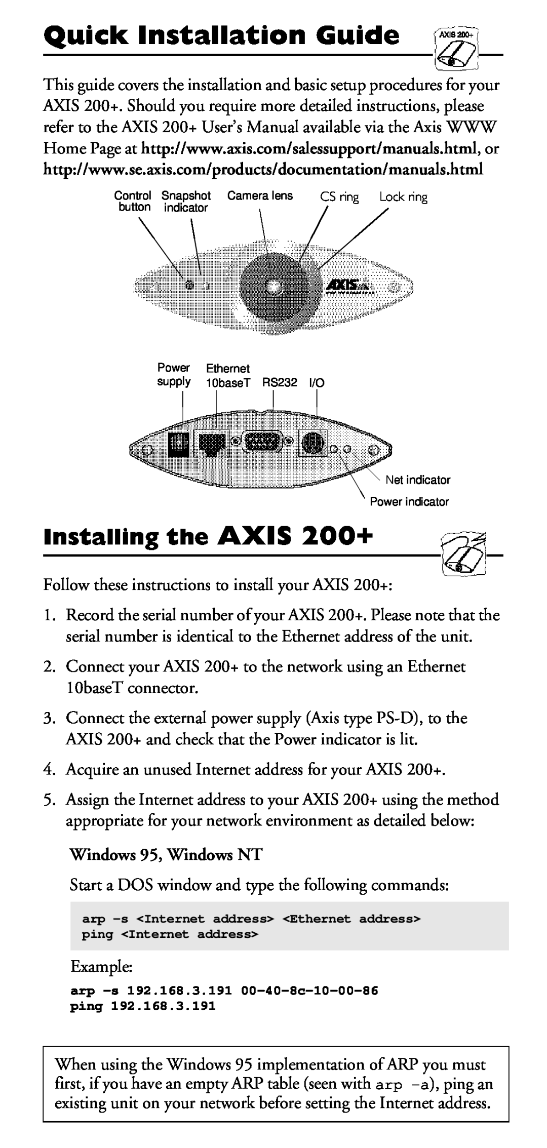 Axis Communications manual Installing the AXIS 200+, Windows 95, Windows NT, Quick Installation Guide 