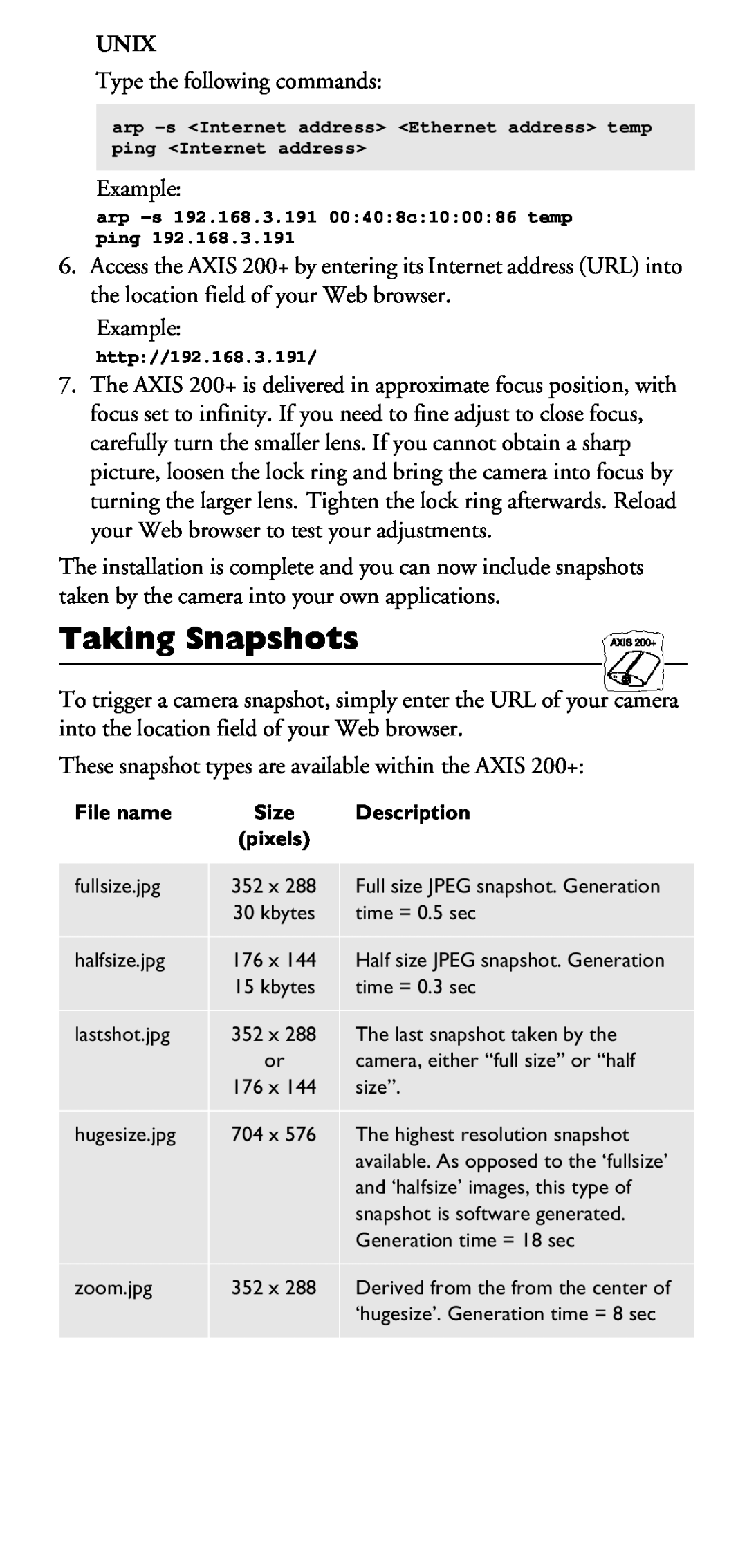 Axis Communications 200+ manual Taking Snapshots, Unix, File name, Description 
