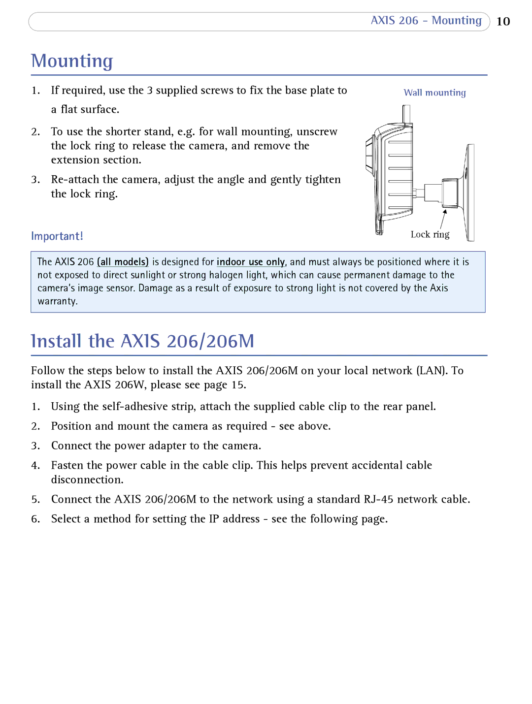 Axis Communications user manual Mounting, Install the Axis 206/206M 