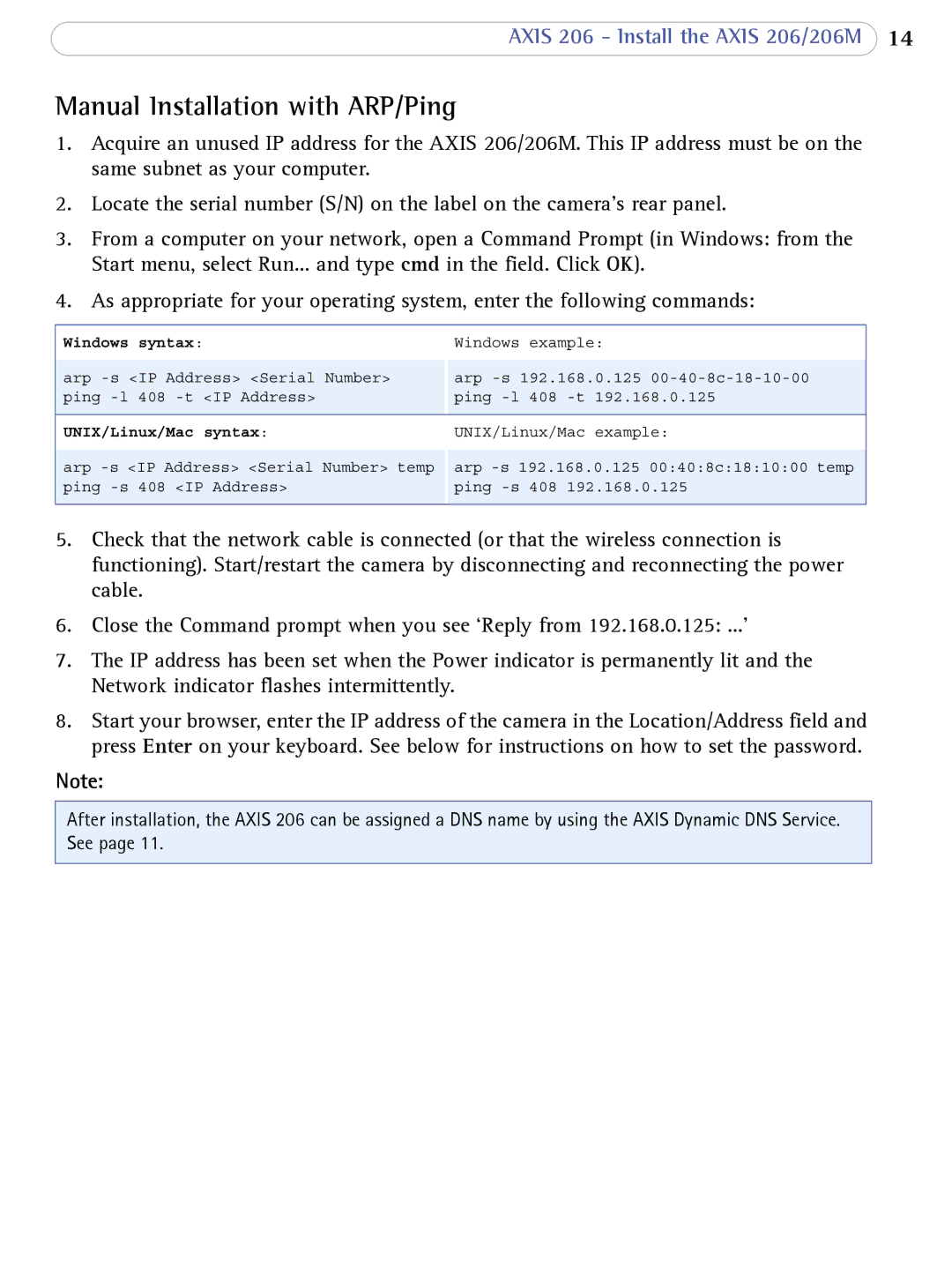 Axis Communications 206 user manual Manual Installation with ARP/Ping, Windows Syntax 