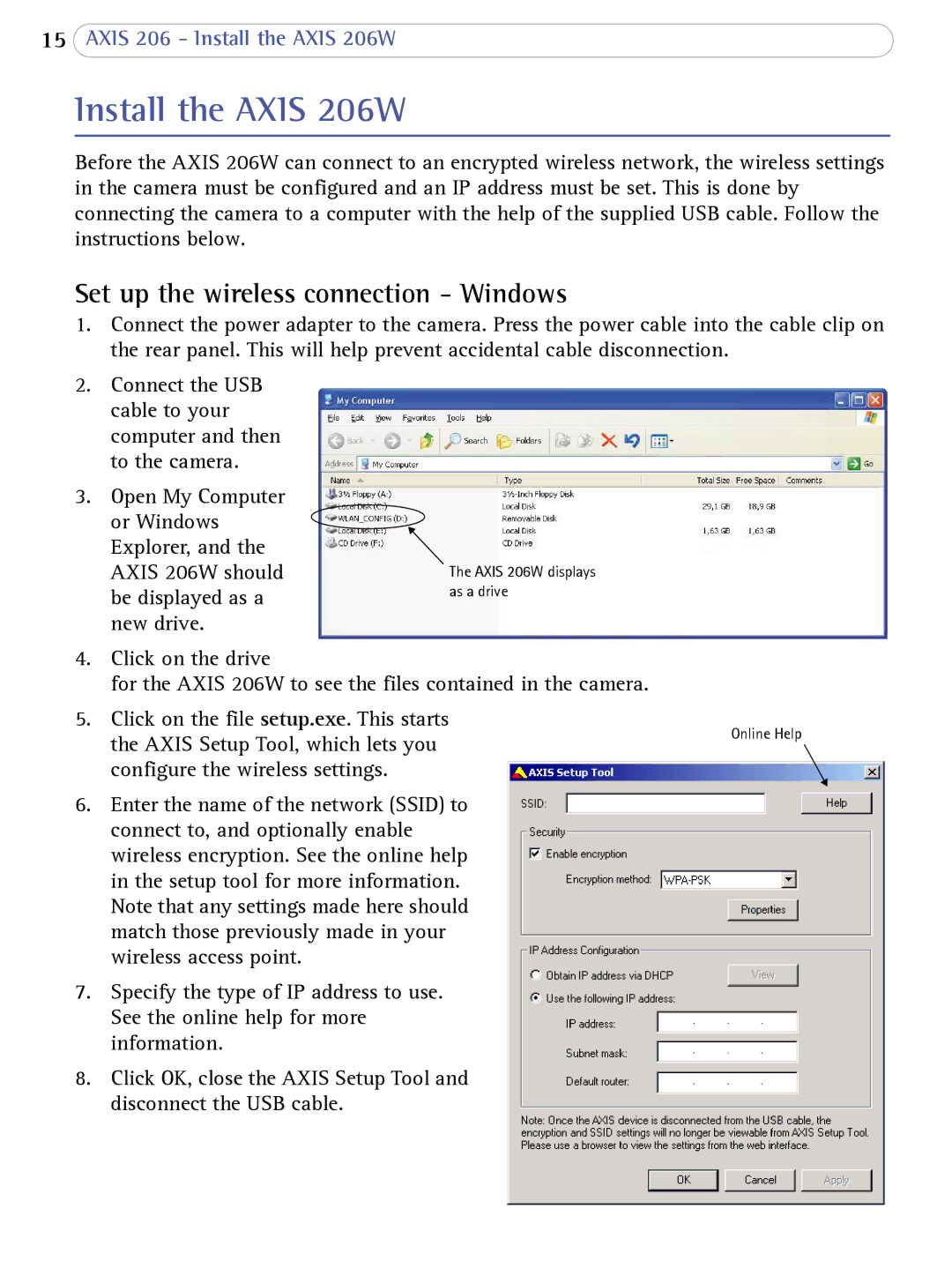 Axis Communications user manual Install the Axis 206W, Set up the wireless connection Windows 