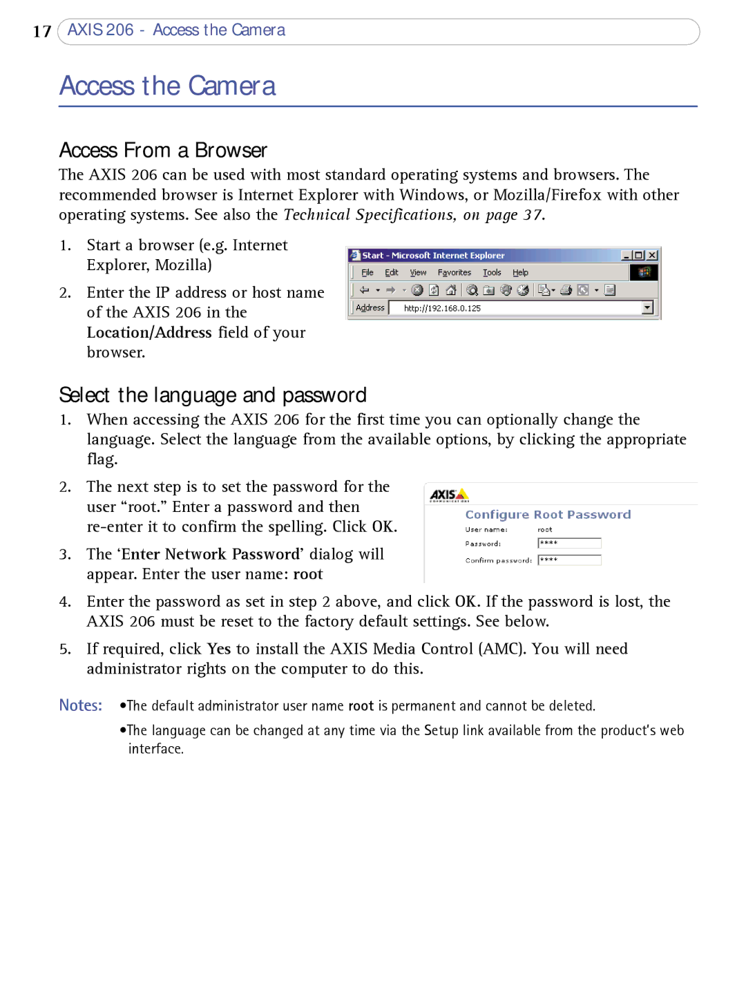 Axis Communications 206 user manual Access the Camera, Access From a Browser, Select the language and password 