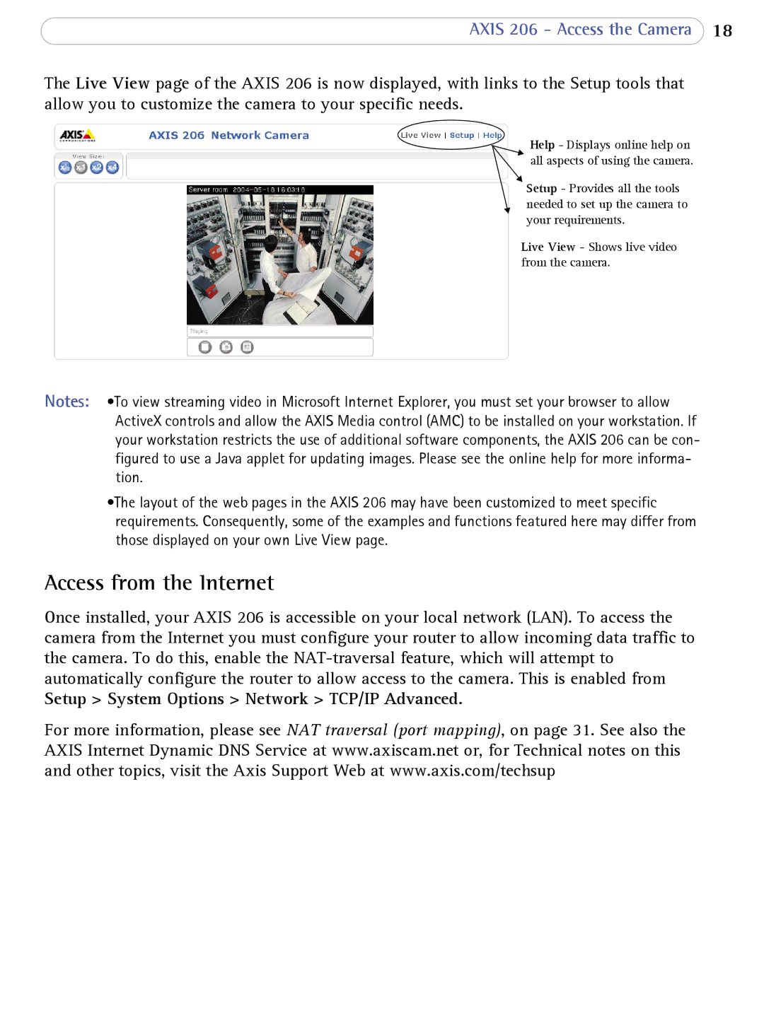 Axis Communications 206 user manual Access from the Internet, Setup System Options Network TCP/IP Advanced 