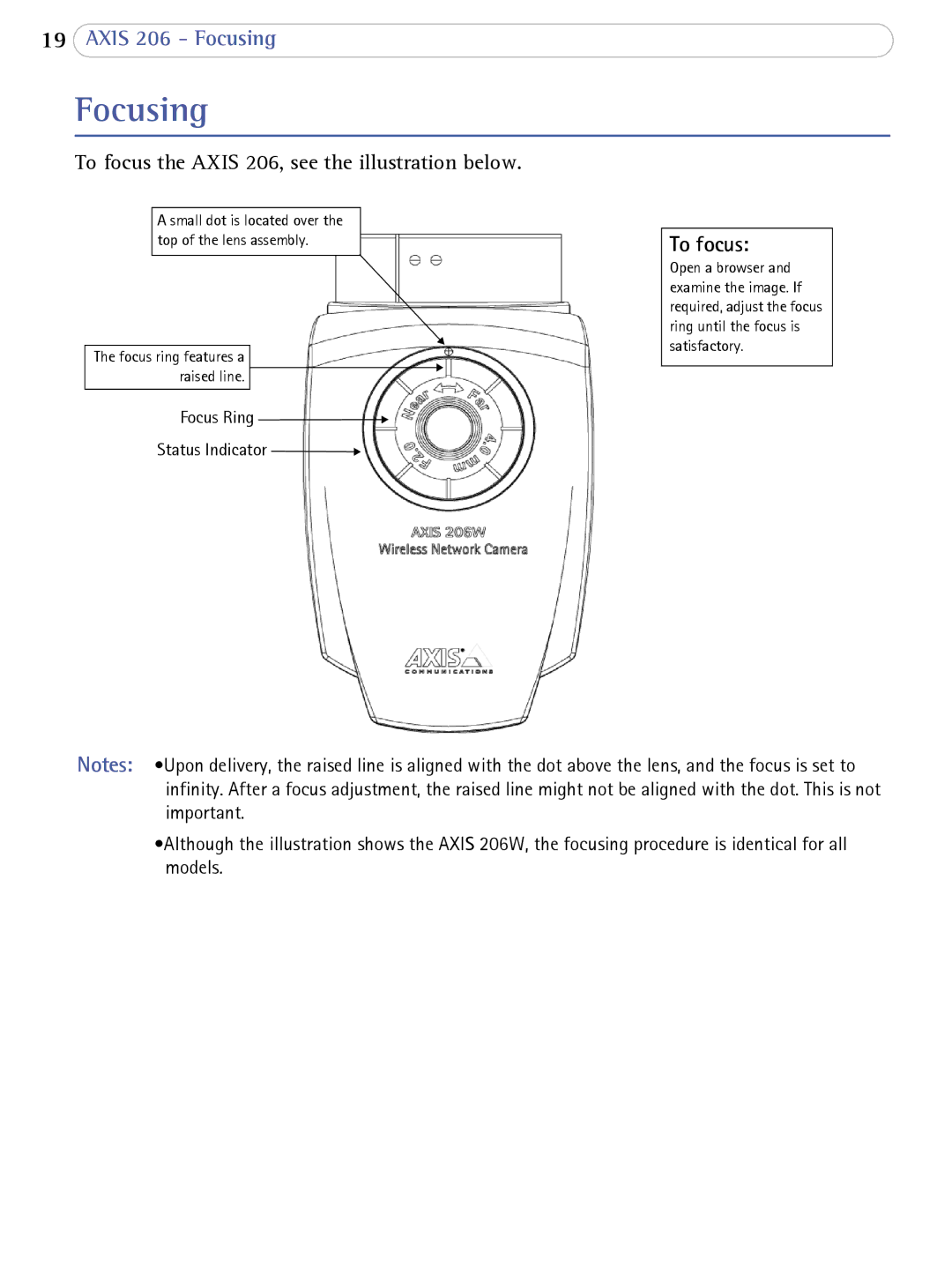 Axis Communications 206 user manual Focusing, To focus 