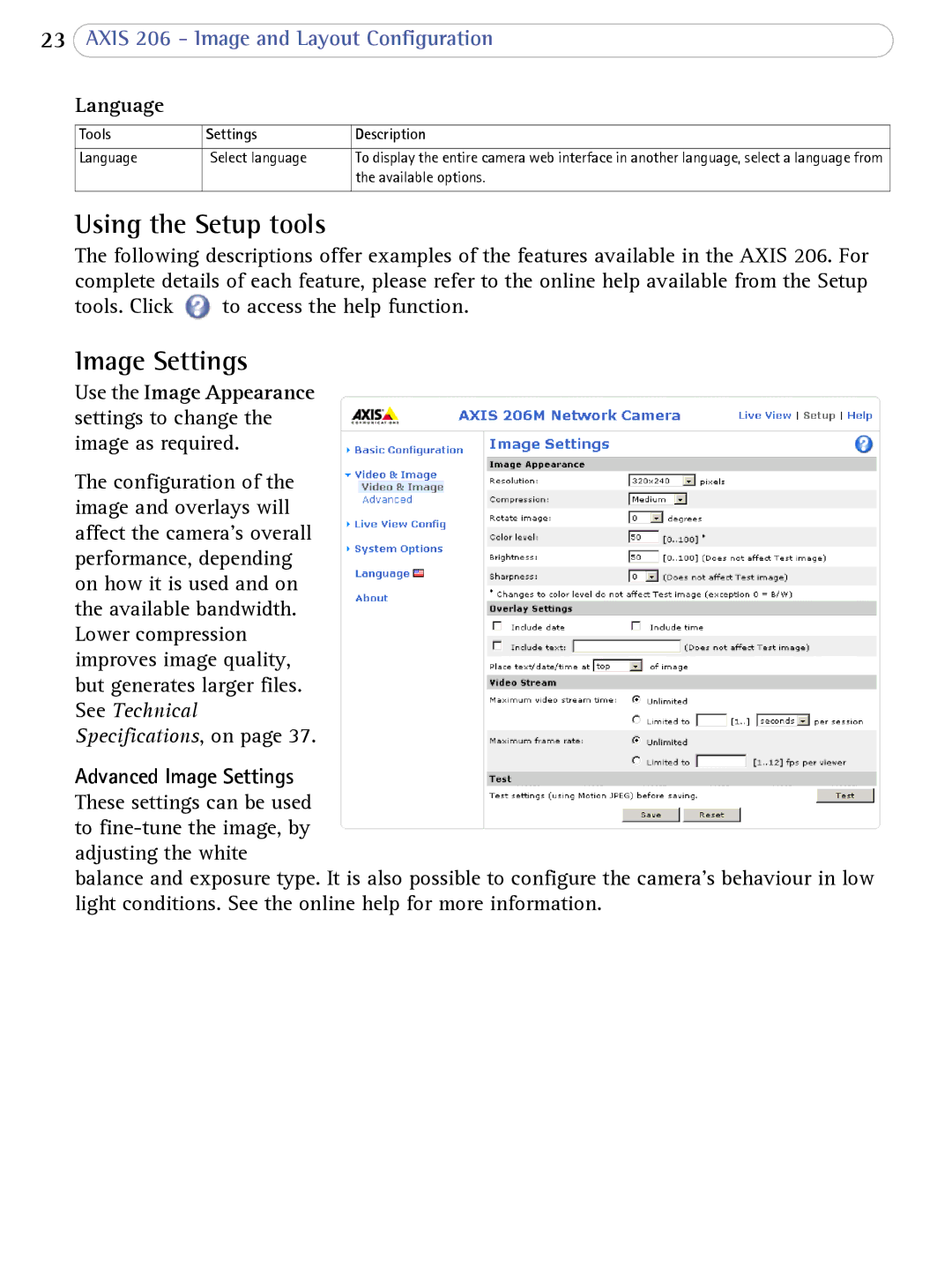 Axis Communications 206 user manual Using the Setup tools, Image Settings, Language 