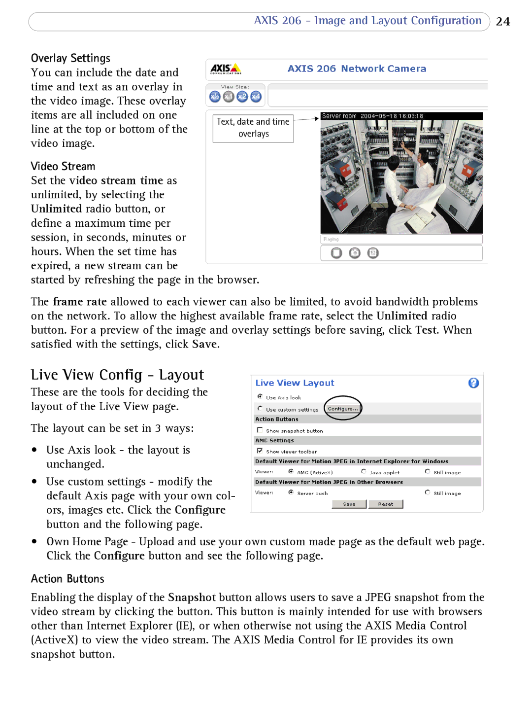 Axis Communications 206 user manual Live View Config Layout, Overlay Settings, Video Stream, Action Buttons 