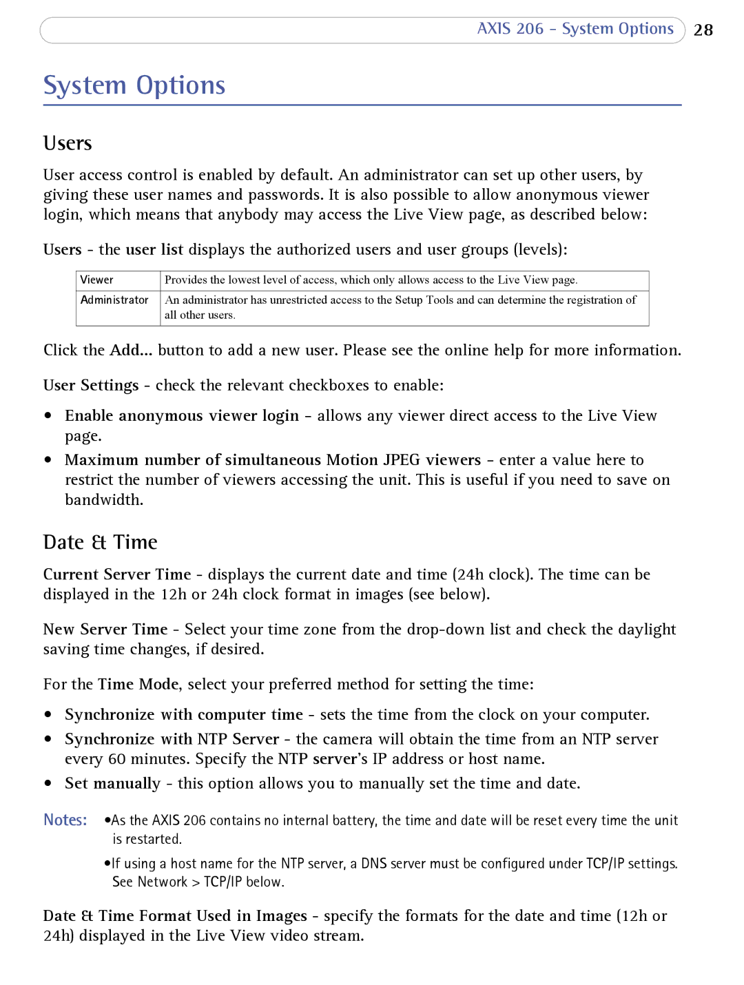 Axis Communications 206 user manual System Options, Users, Date & Time 