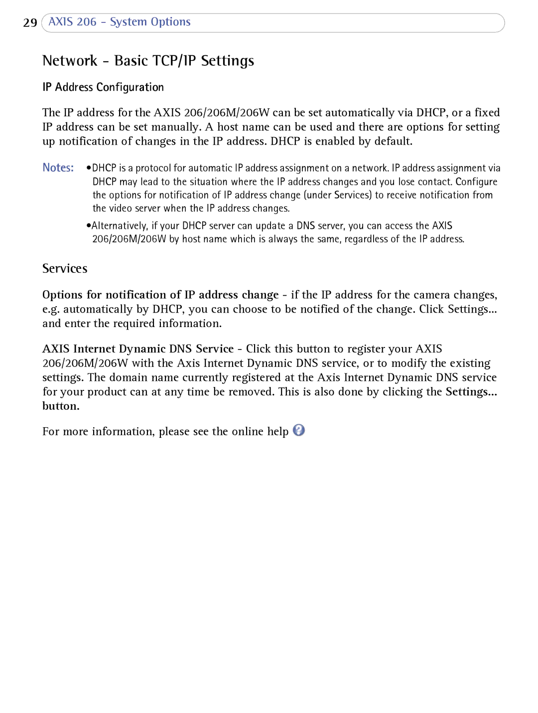 Axis Communications 206 user manual Network Basic TCP/IP Settings, IP Address Configuration, Button 