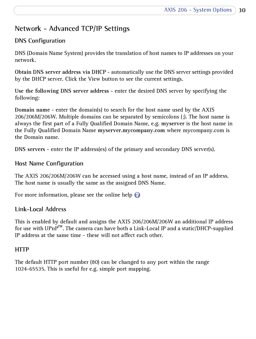 Axis Communications 206 user manual Network Advanced TCP/IP Settings, DNS Configuration 