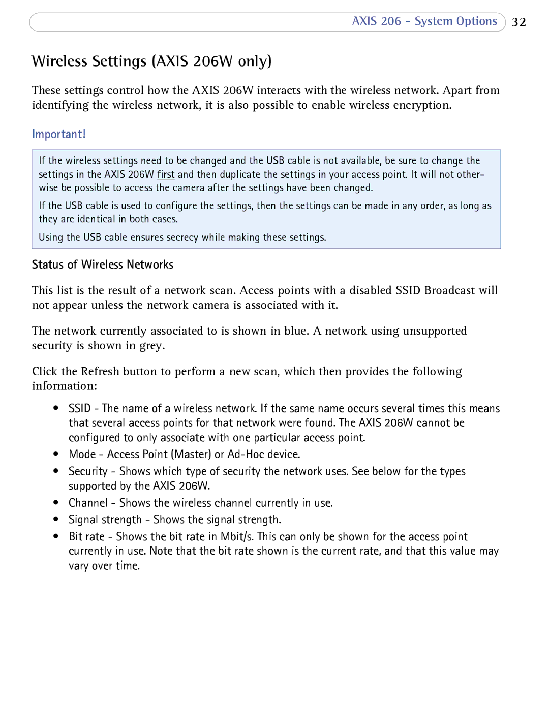 Axis Communications user manual Wireless Settings Axis 206W only, Status of Wireless Networks 