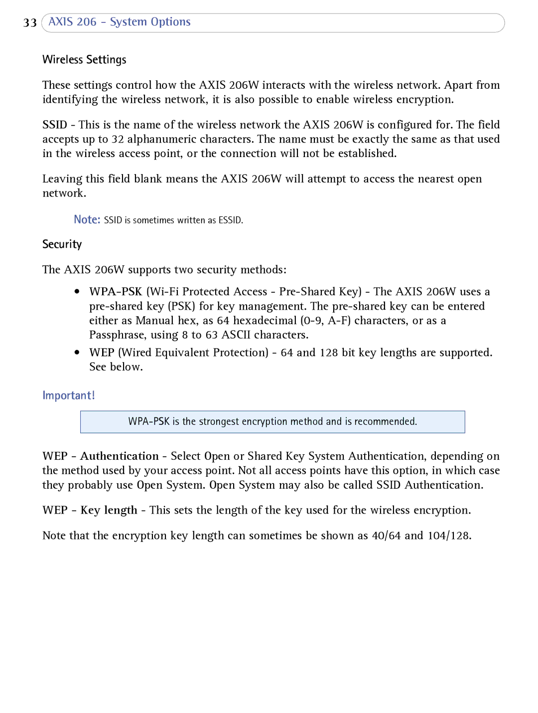 Axis Communications 206 user manual Wireless Settings, Security 