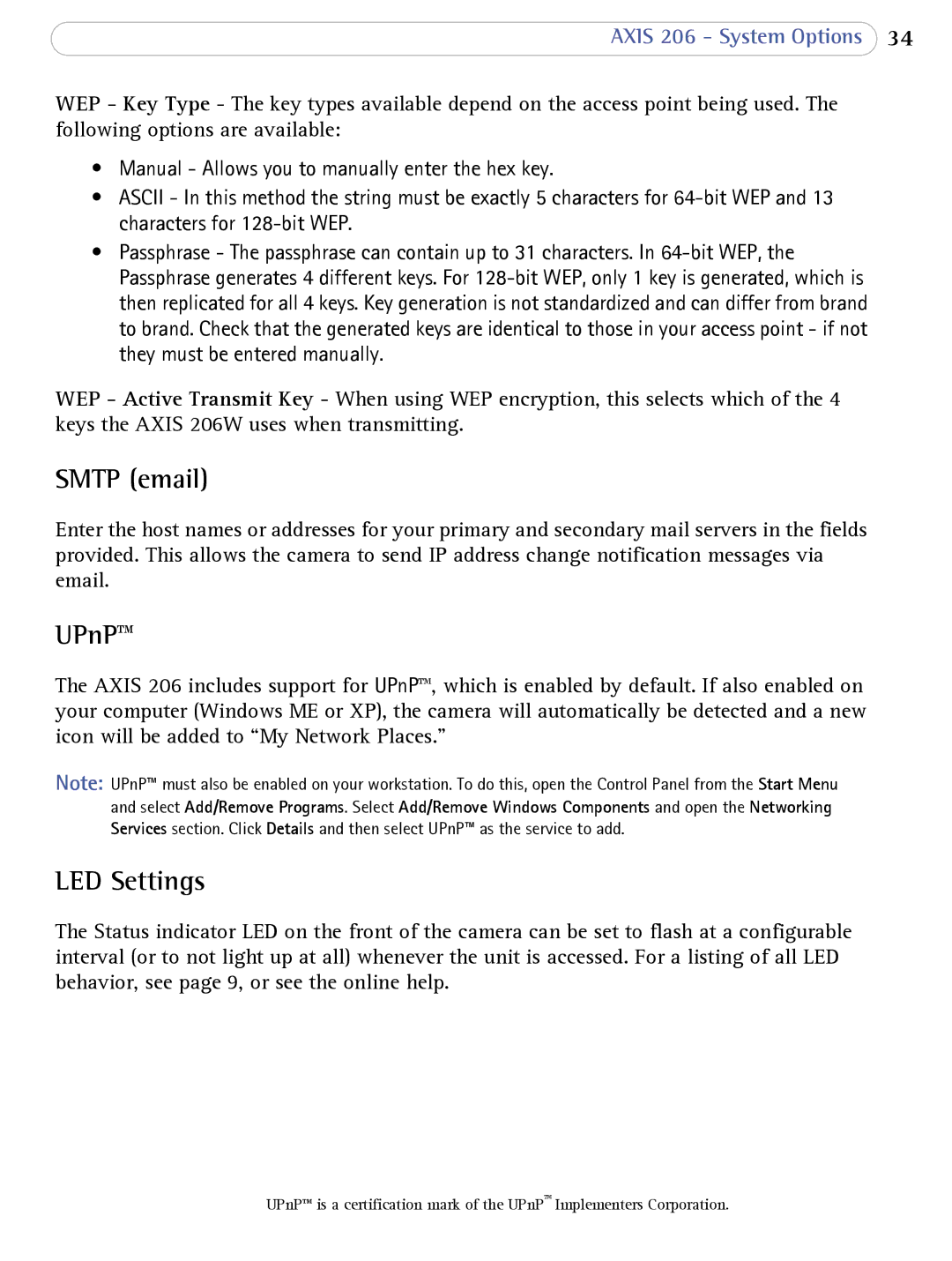 Axis Communications 206 user manual Smtp email, LED Settings 