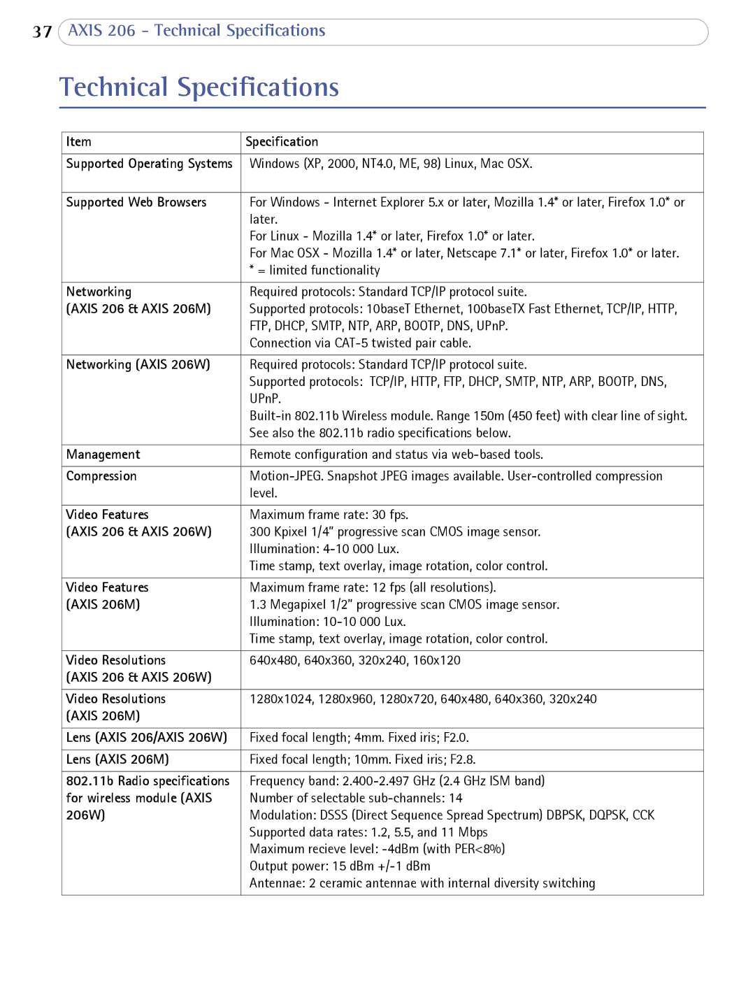 Axis Communications 206 user manual Technical Specifications, Supported Web Browsers 