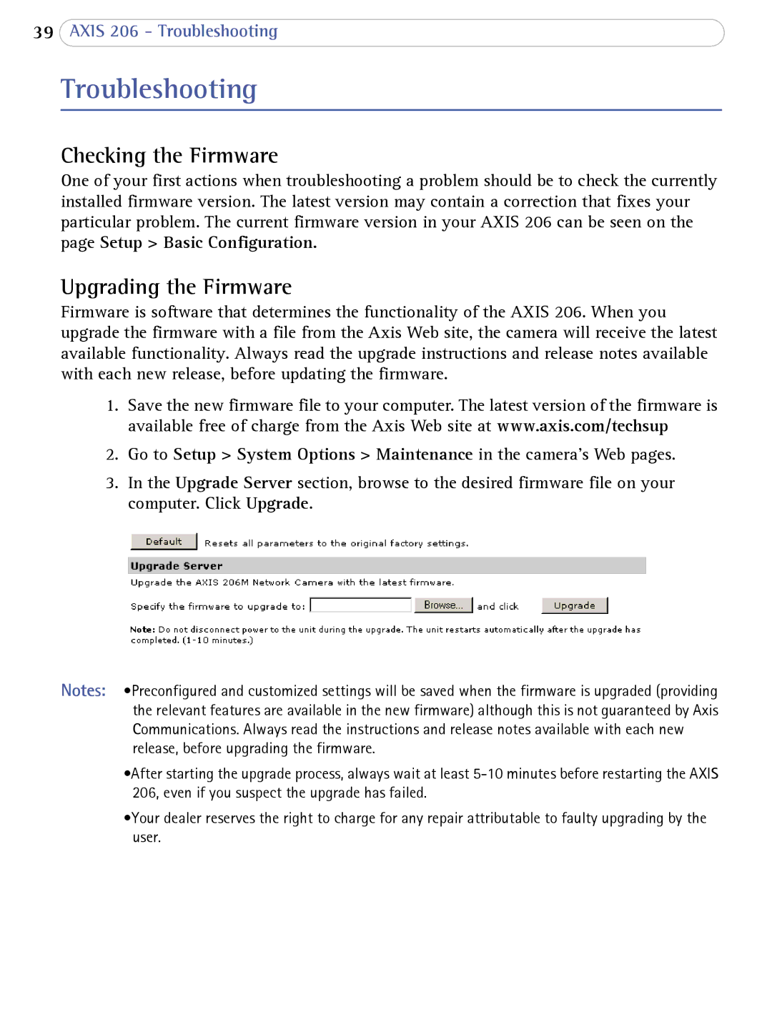 Axis Communications 206 user manual Troubleshooting, Checking the Firmware, Upgrading the Firmware 