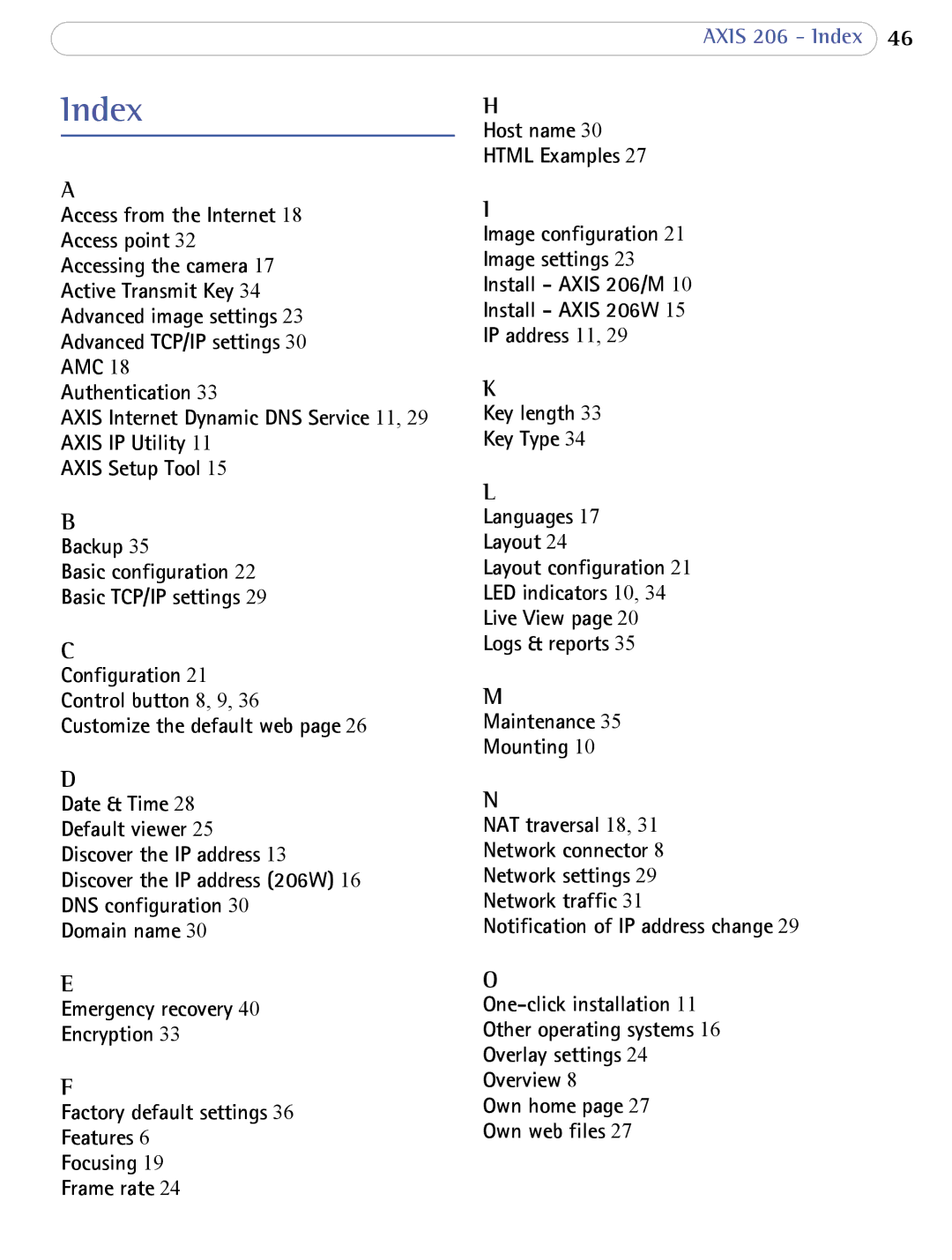 Axis Communications user manual Axis 206 Index 