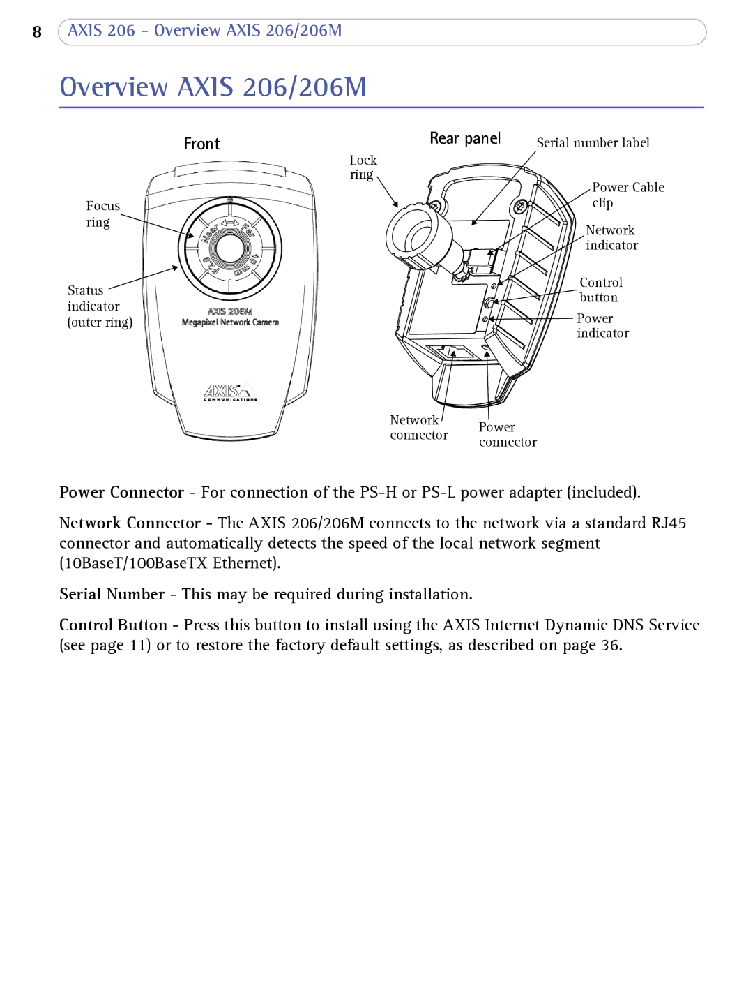 Axis Communications user manual Overview Axis 206/206M, Front Rear panel 