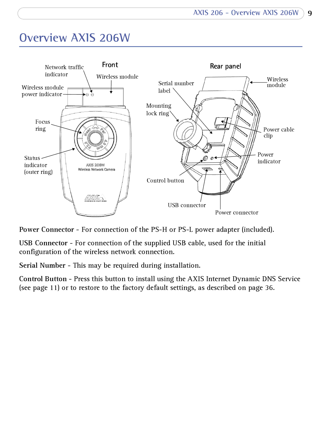 Axis Communications user manual Overview Axis 206W, Front 