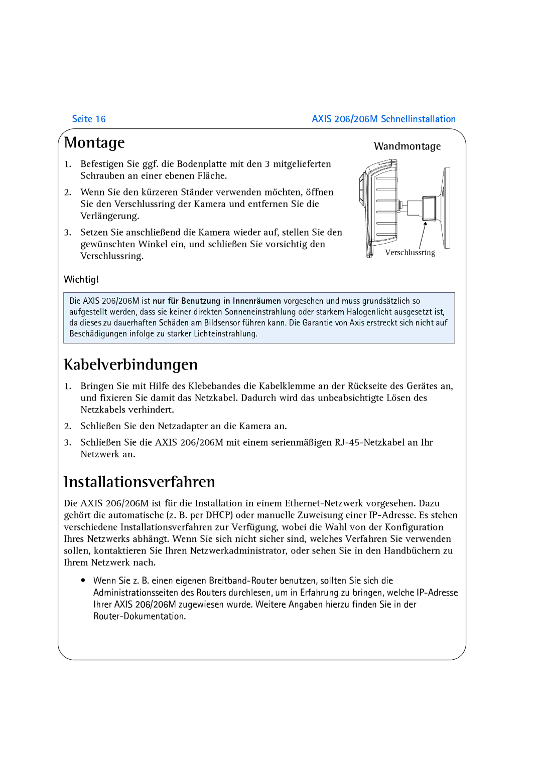Axis Communications 206M manual Kabelverbindungen, Installationsverfahren, Wandmontage, Wichtig 