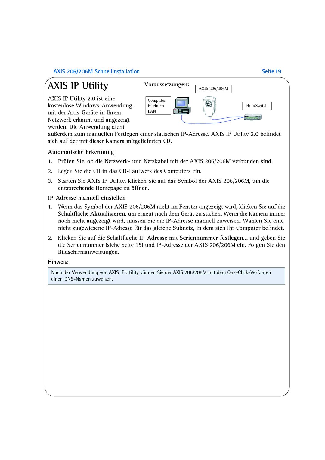 Axis Communications 206M manual Automatische Erkennung, IP-Adresse manuell einstellen, Hinweis 