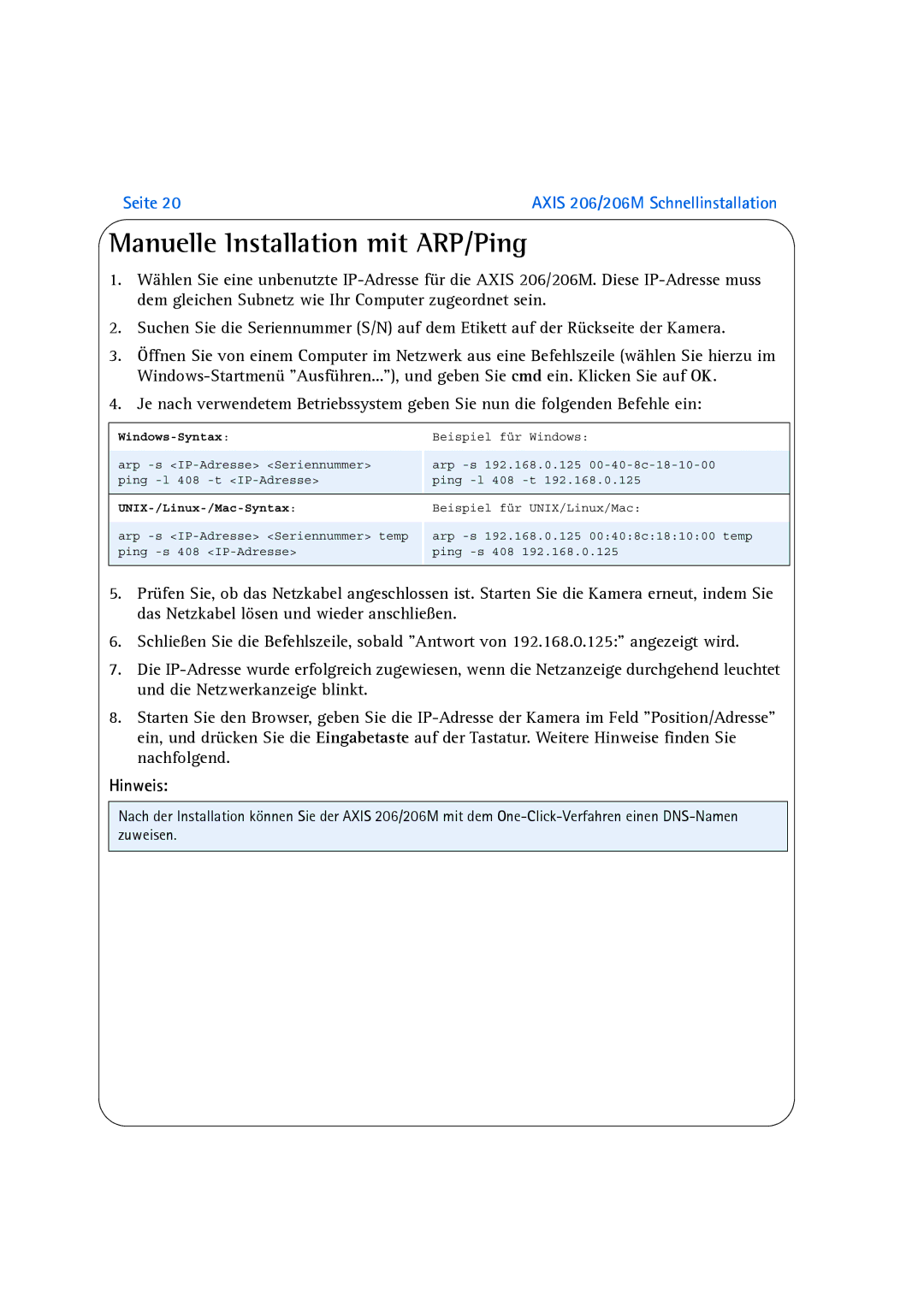 Axis Communications 206M manual Manuelle Installation mit ARP/Ping, Windows-Syntax 