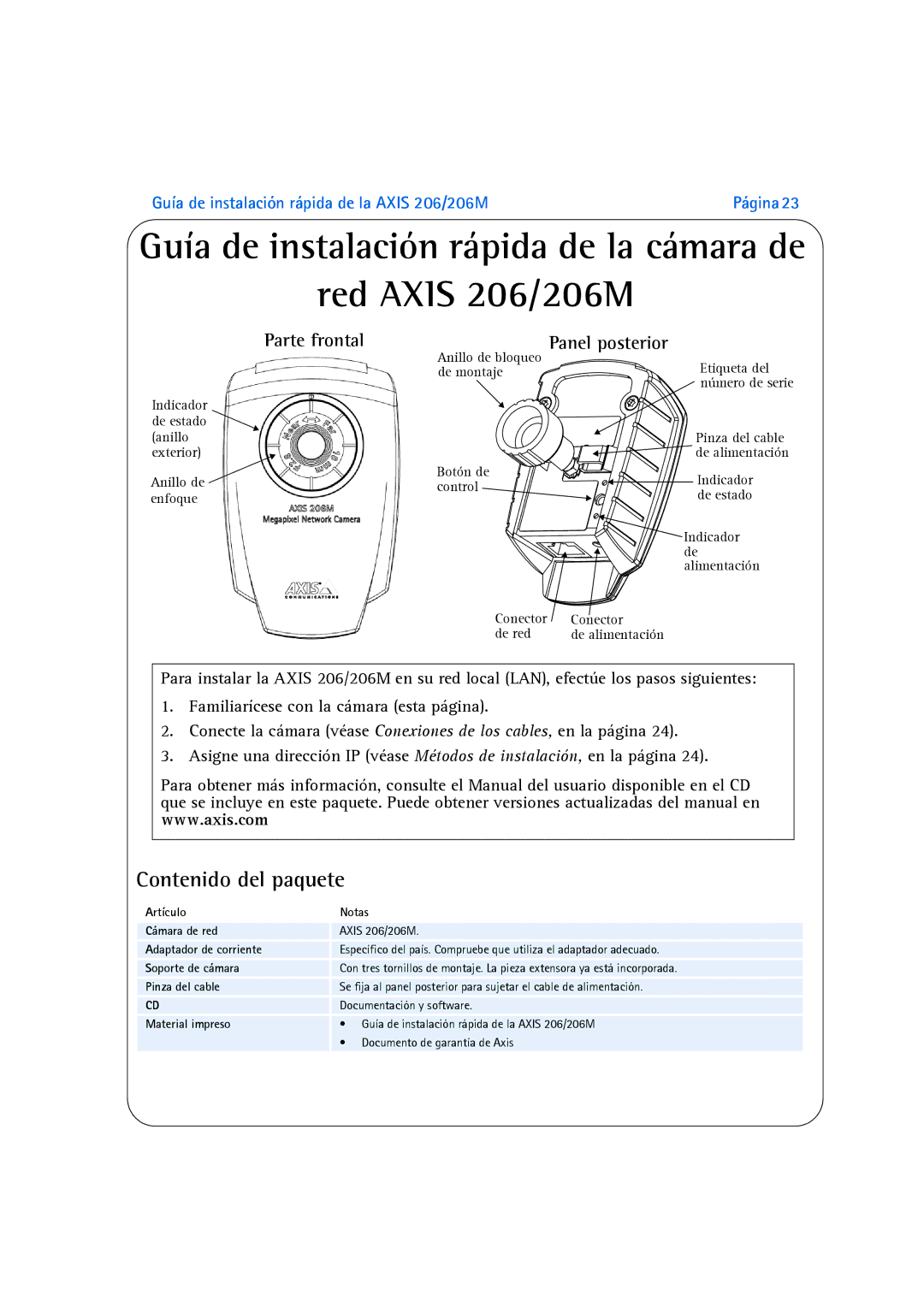 Axis Communications 206M manual Contenido del paquete, Parte frontal, Panel posterior 