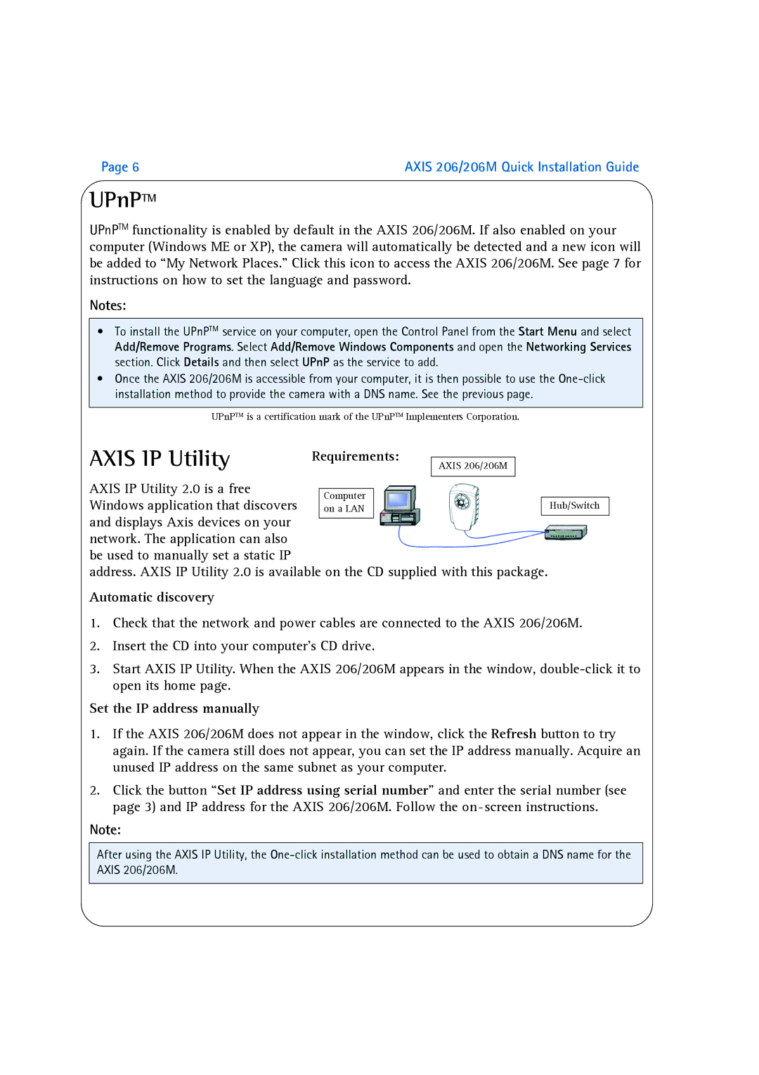 Axis Communications 206M UPnPTM, Axis IP Utility, Automatic discovery, Set the IP address manually 