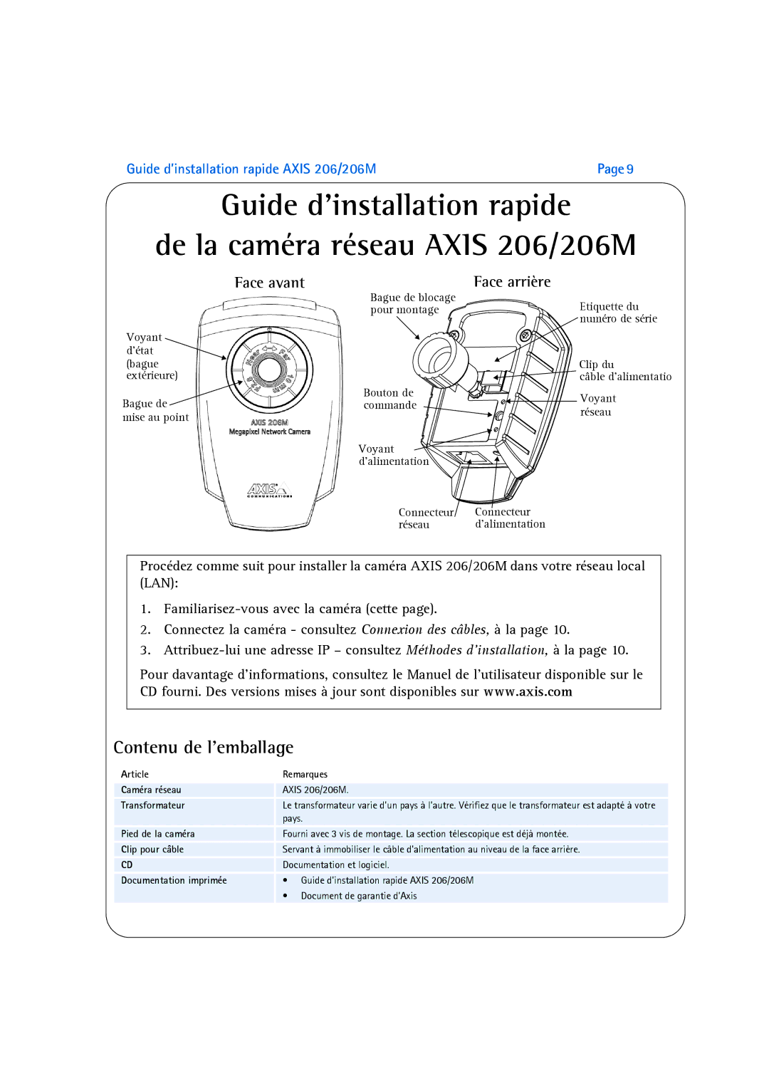 Axis Communications 206M manual Contenu de l’emballage, Face avant, Face arrière 