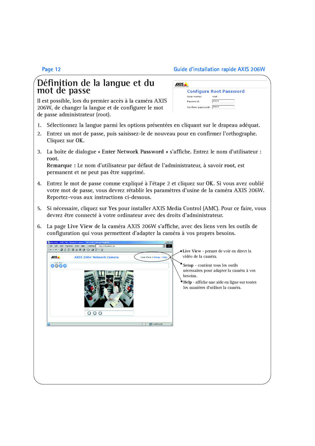 Axis Communications 206W manual Définition de la langue et du mot de passe 