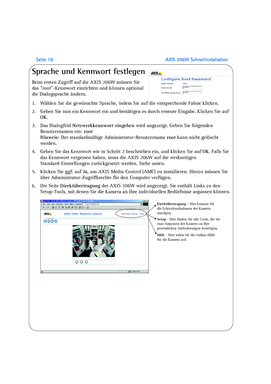 Axis Communications 206W manual Sprache und Kennwort festlegen 