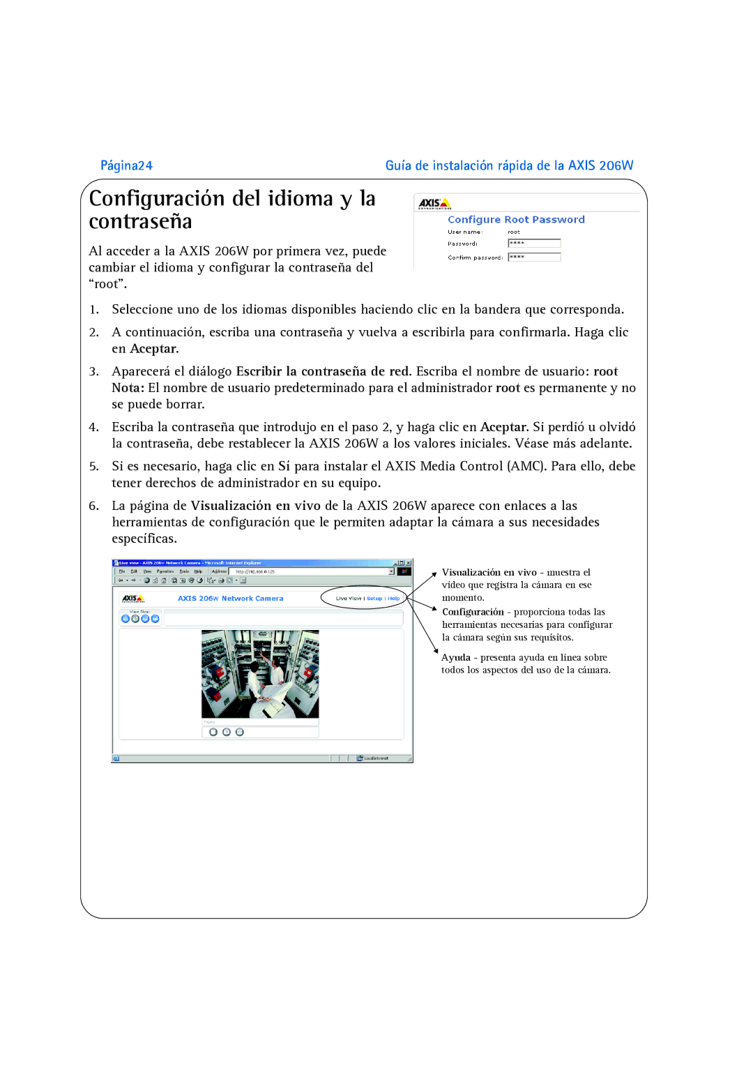 Axis Communications 206W manual Configuración del idioma y la contraseña 