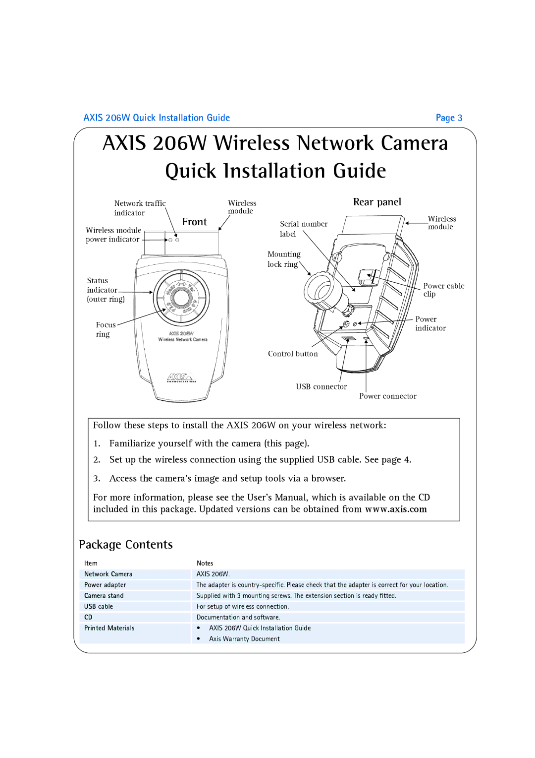 Axis Communications manual Axis 206W Wireless Network Camera Quick Installation Guide, Package Contents 