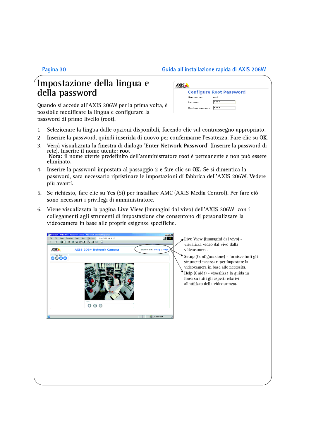 Axis Communications 206W manual Impostazione della lingua e della password 