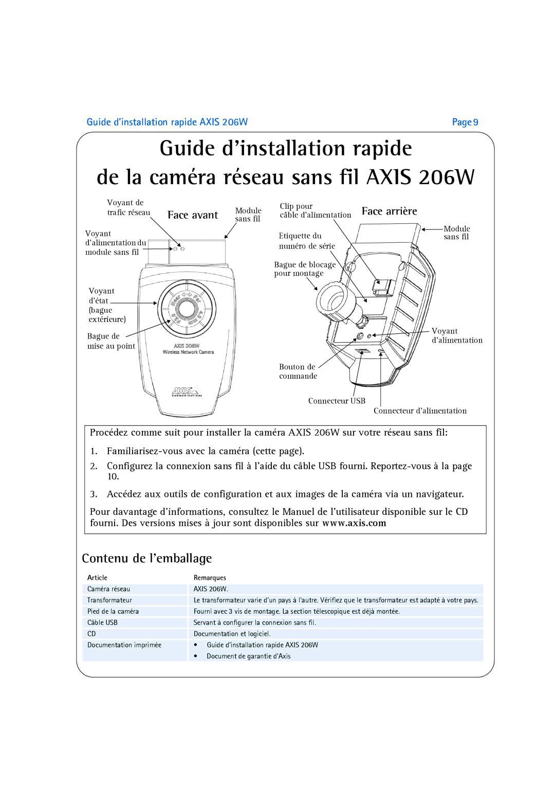 Axis Communications 206W manual Contenu de l’emballage, Face arrière, Face avant 