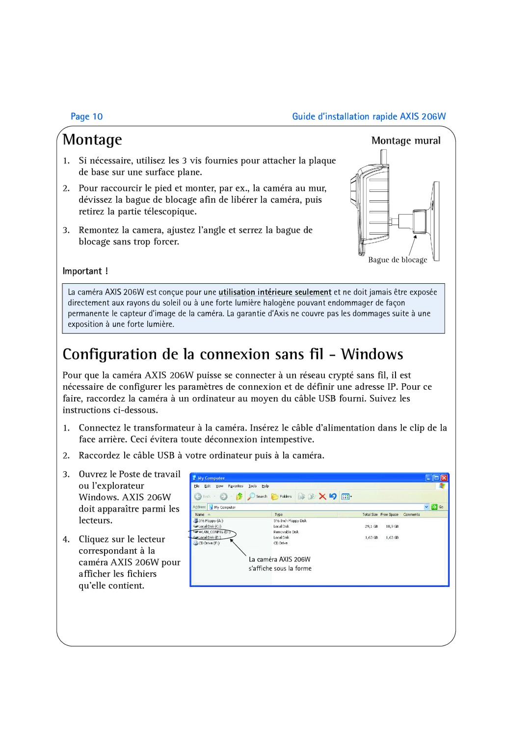 Axis Communications 206W manual Configuration de la connexion sans fil Windows, Montage mural 