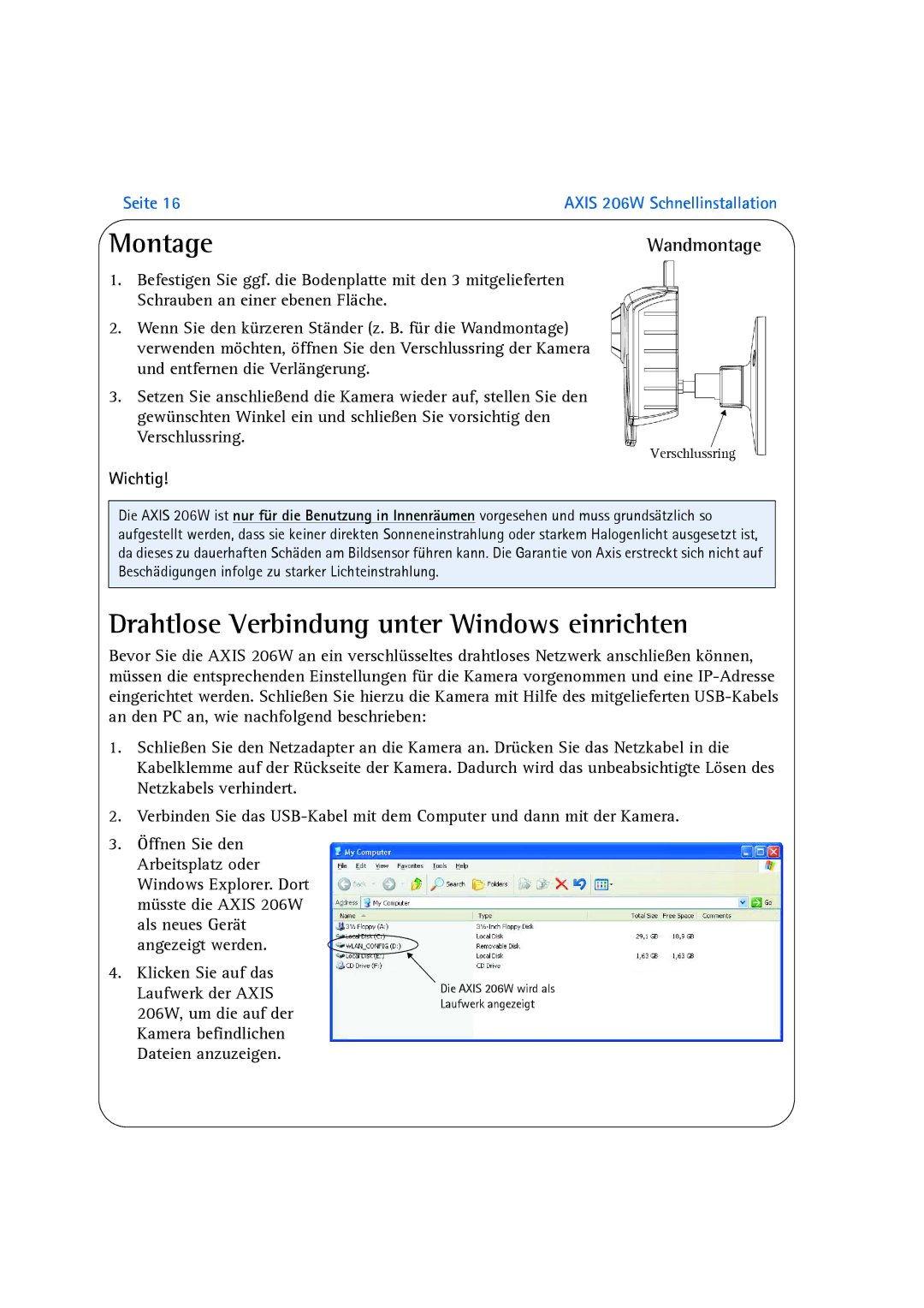 Axis Communications 206W manual Drahtlose Verbindung unter Windows einrichten, Wandmontage, Wichtig 